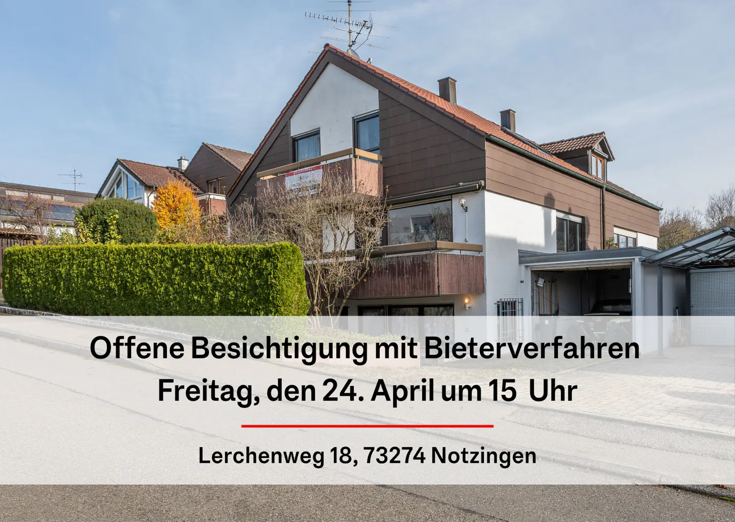 Two-story house with brown trim and white siding, green hedge in front, and text overlay advertising an open house.