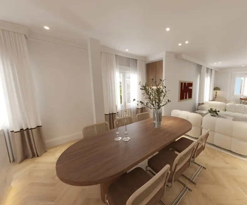 A bright, modern dining room with a long wooden table, six chairs, and a vase of greenery. White walls and curtains add to the airy feel.