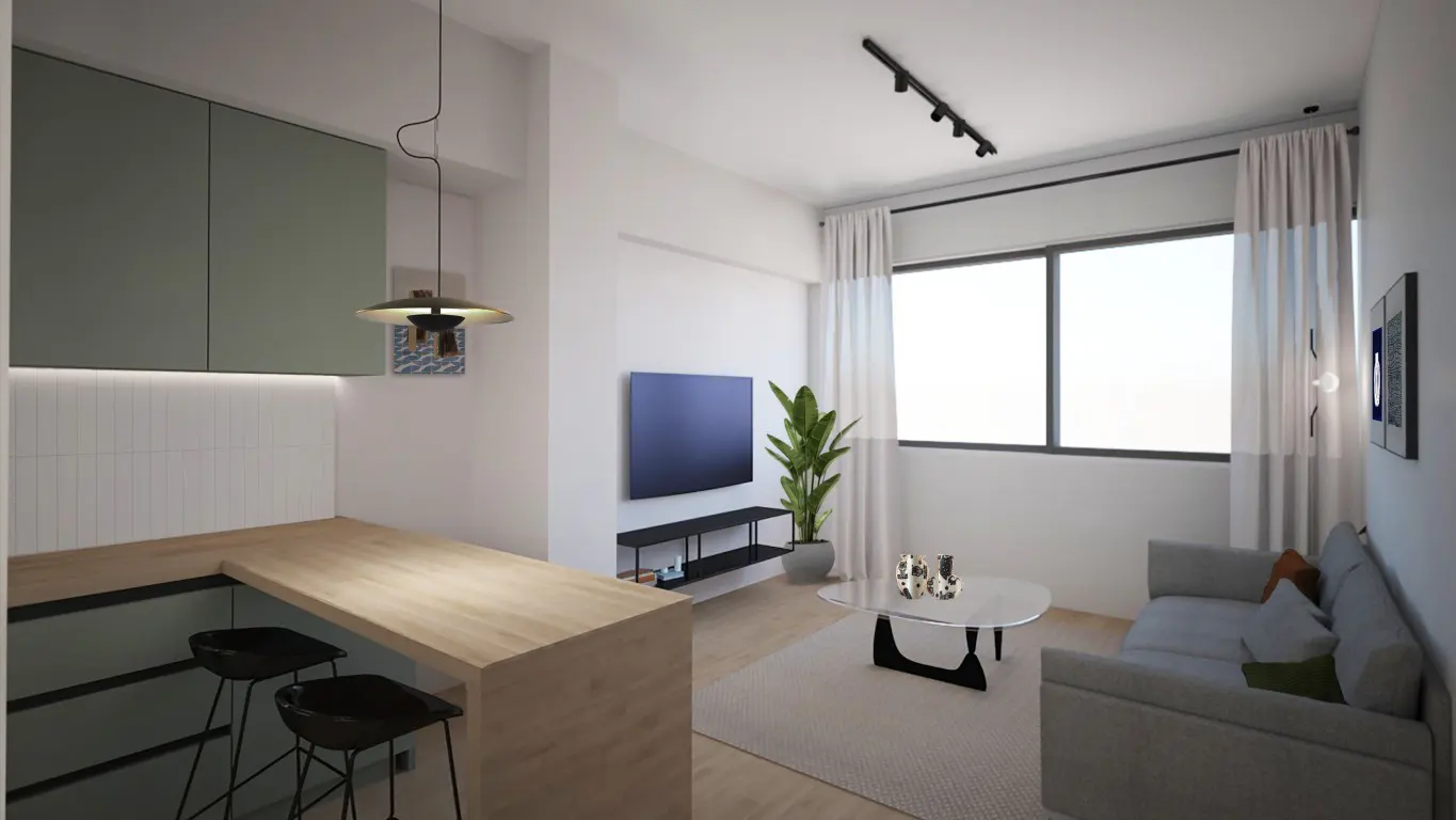 A modern apartment interior with a kitchen bar, stools, a gray sofa, a TV, and a large window with white curtains.