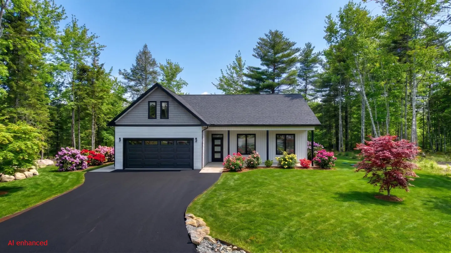 A modern, single-story home with white siding, a black roof, and a black garage door sits on a green lawn with colorful flowers.