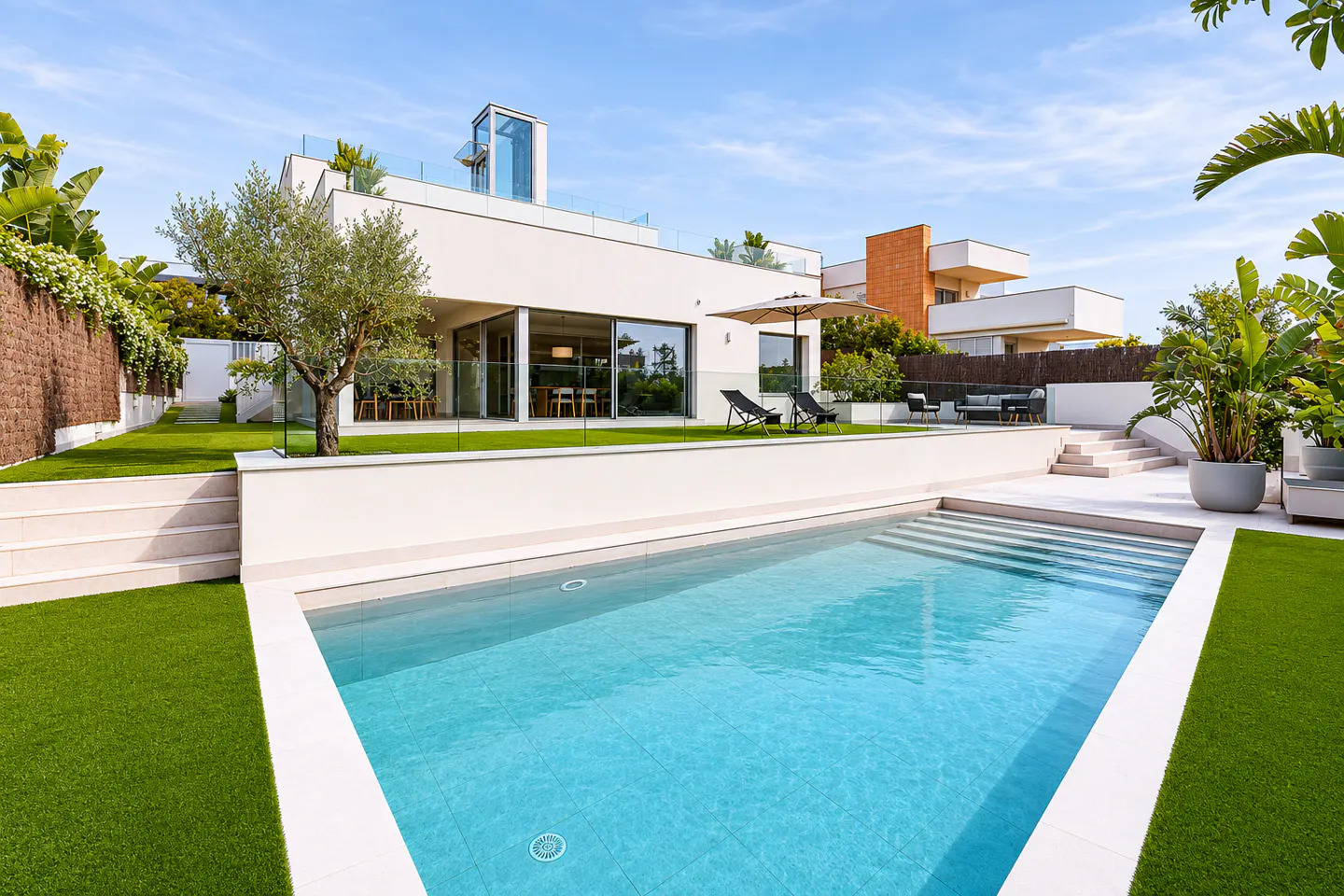 Modern white house with a blue swimming pool, green lawn, lounge chairs, and an umbrella under a blue sky.