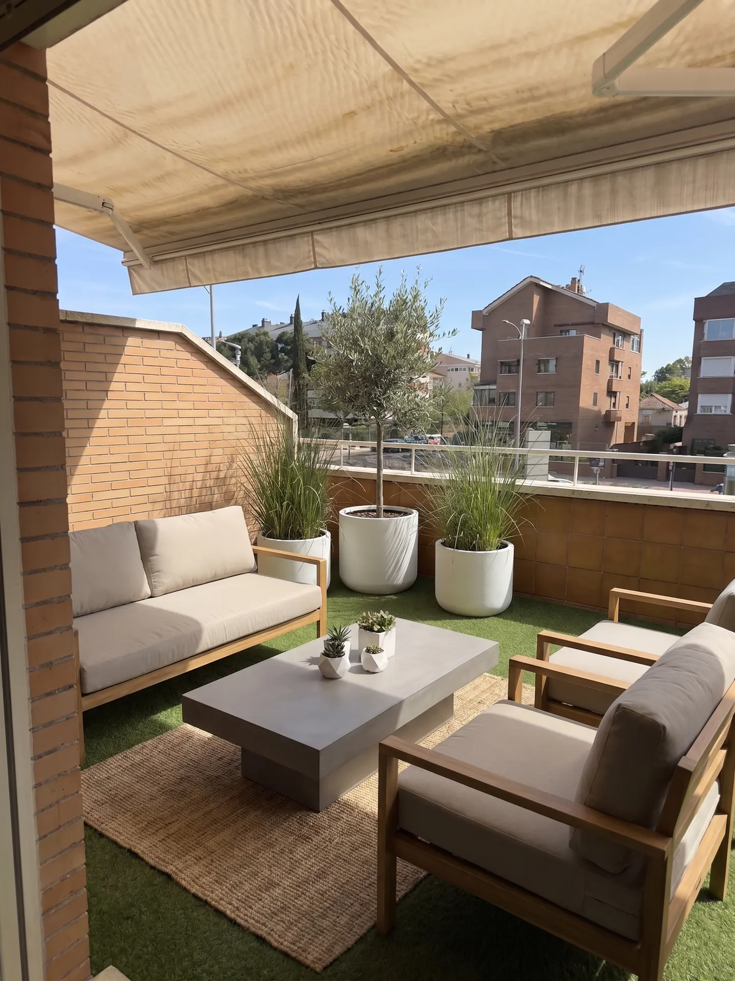 Outdoor patio with beige sofa, chairs, and concrete table on a brown rug. White planters with greenery and a small tree line the back.