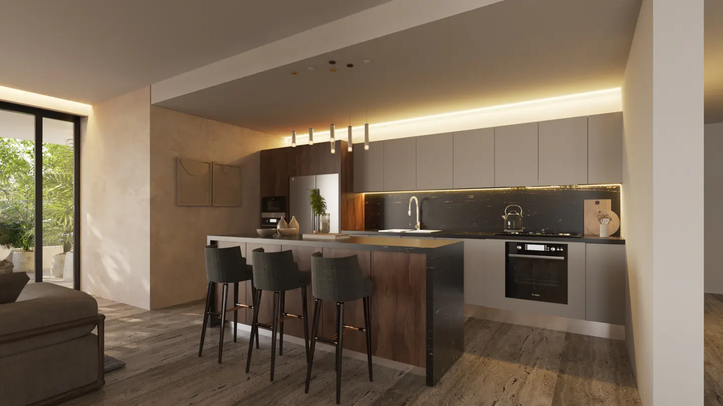 A modern kitchen with gray cabinets, a black marble backsplash, and a wood-paneled island with three gray bar stools.