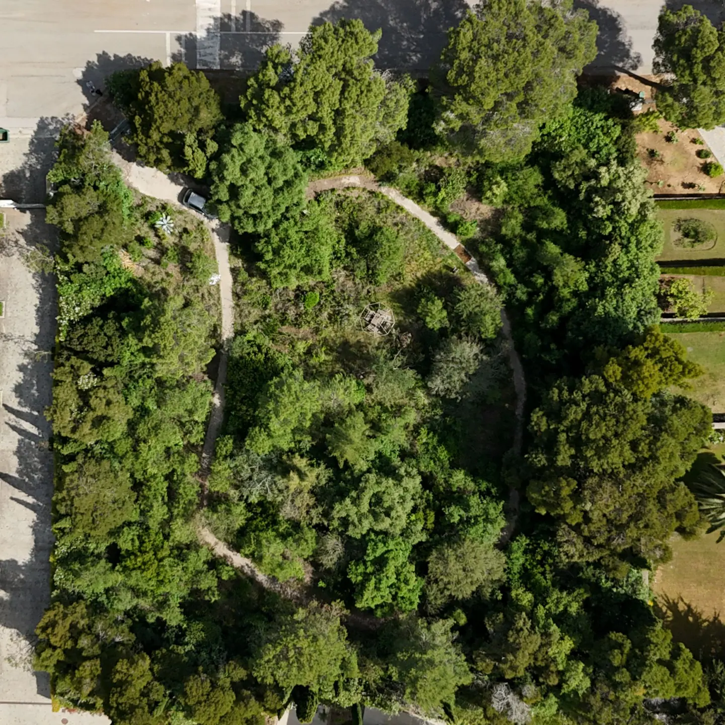 Aerial view of a green, tree-filled lot with a winding dirt path and a parked car. A paved area borders the lot.