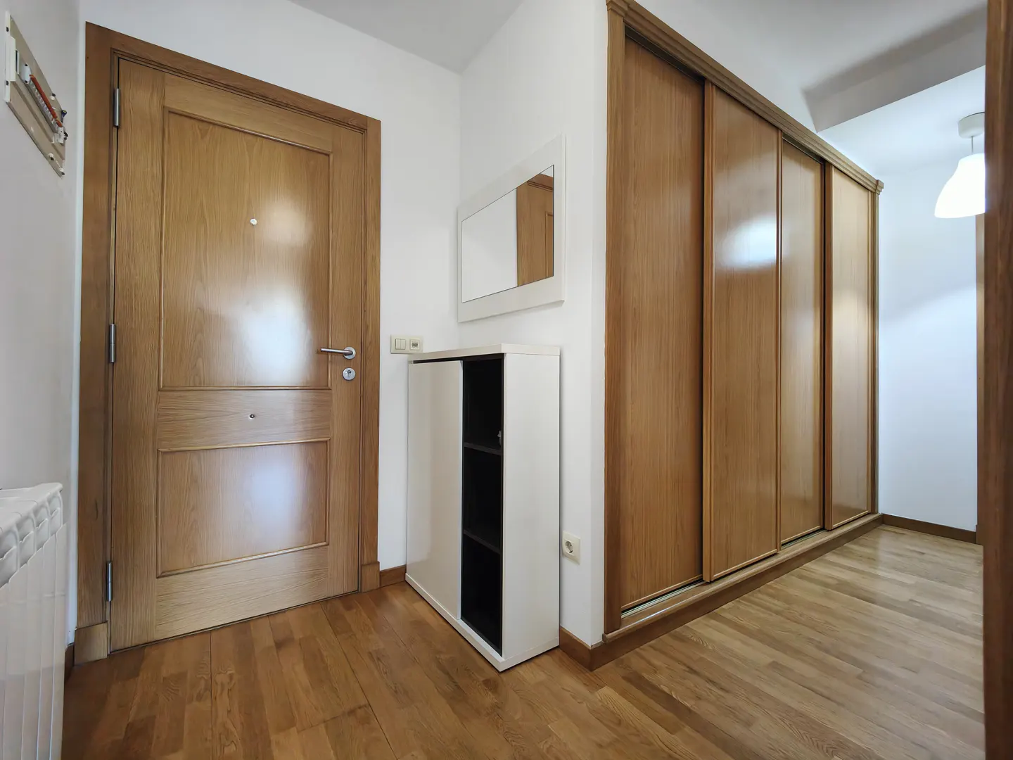 Entryway with wood door, white cabinet, and sliding closet doors on wood floor.
