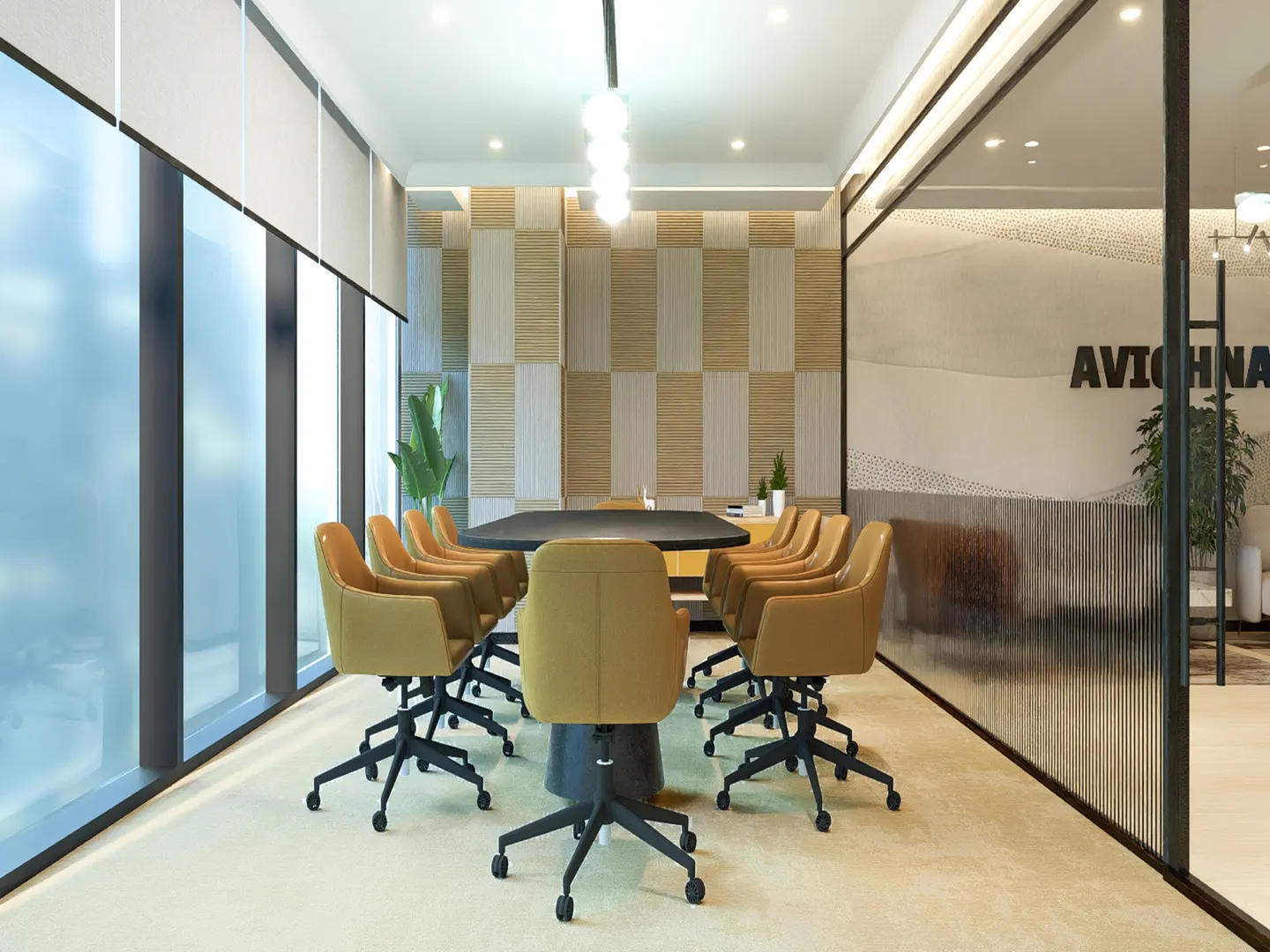 Conference room with a black table, tan chairs, and a wall with a geometric pattern. Large windows provide natural light.