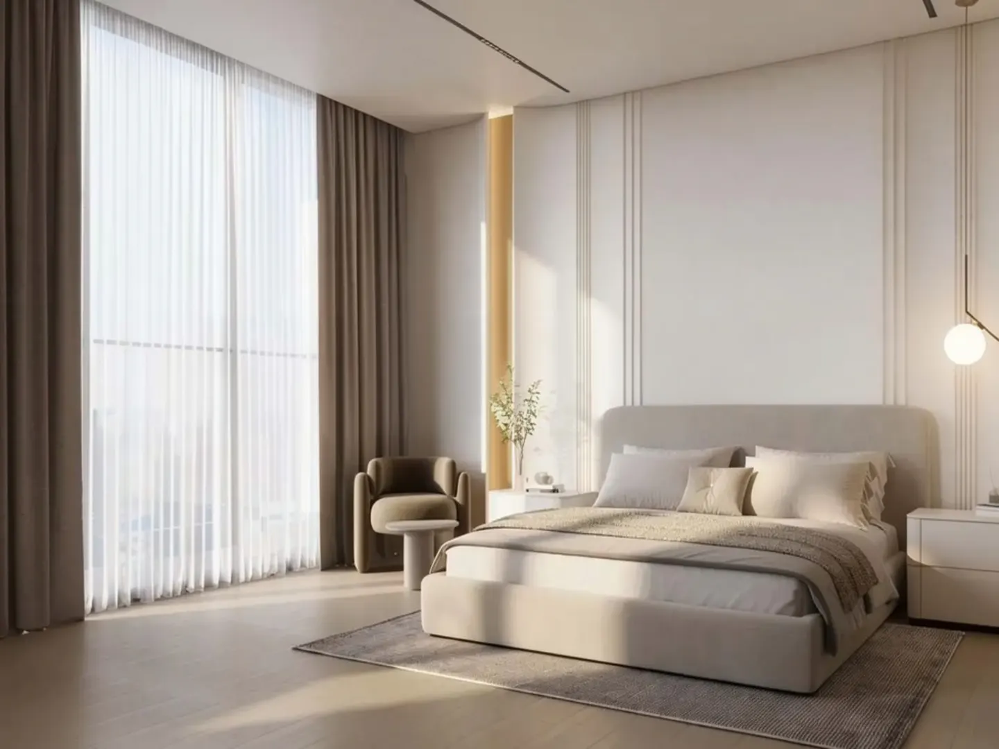 A bright, modern bedroom with a large bed, beige linens, and floor-to-ceiling windows with sheer white curtains. A brown chair sits near the window.