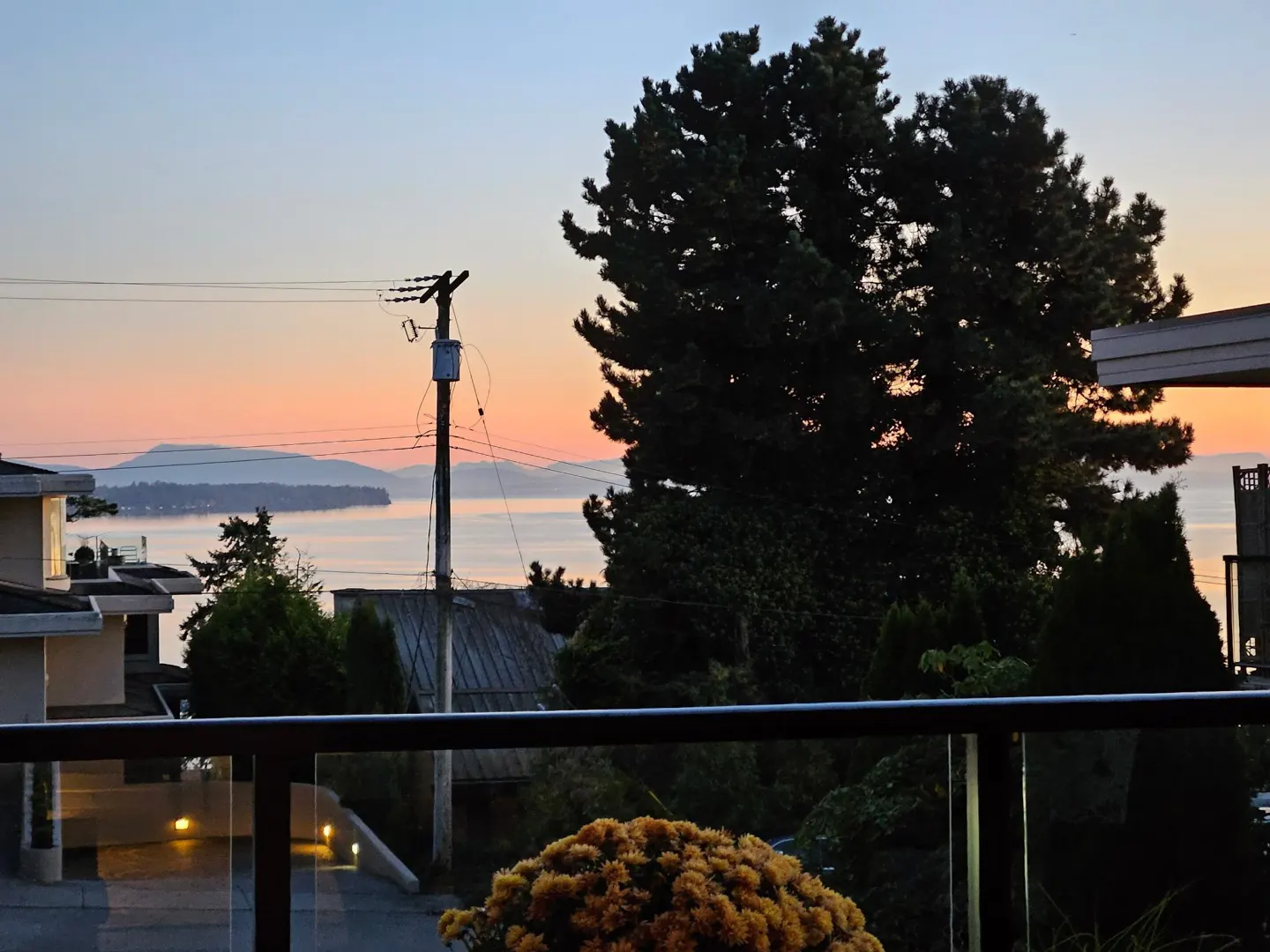 View from a balcony with a black railing, overlooking a sunset over the ocean, with trees and houses in the foreground.