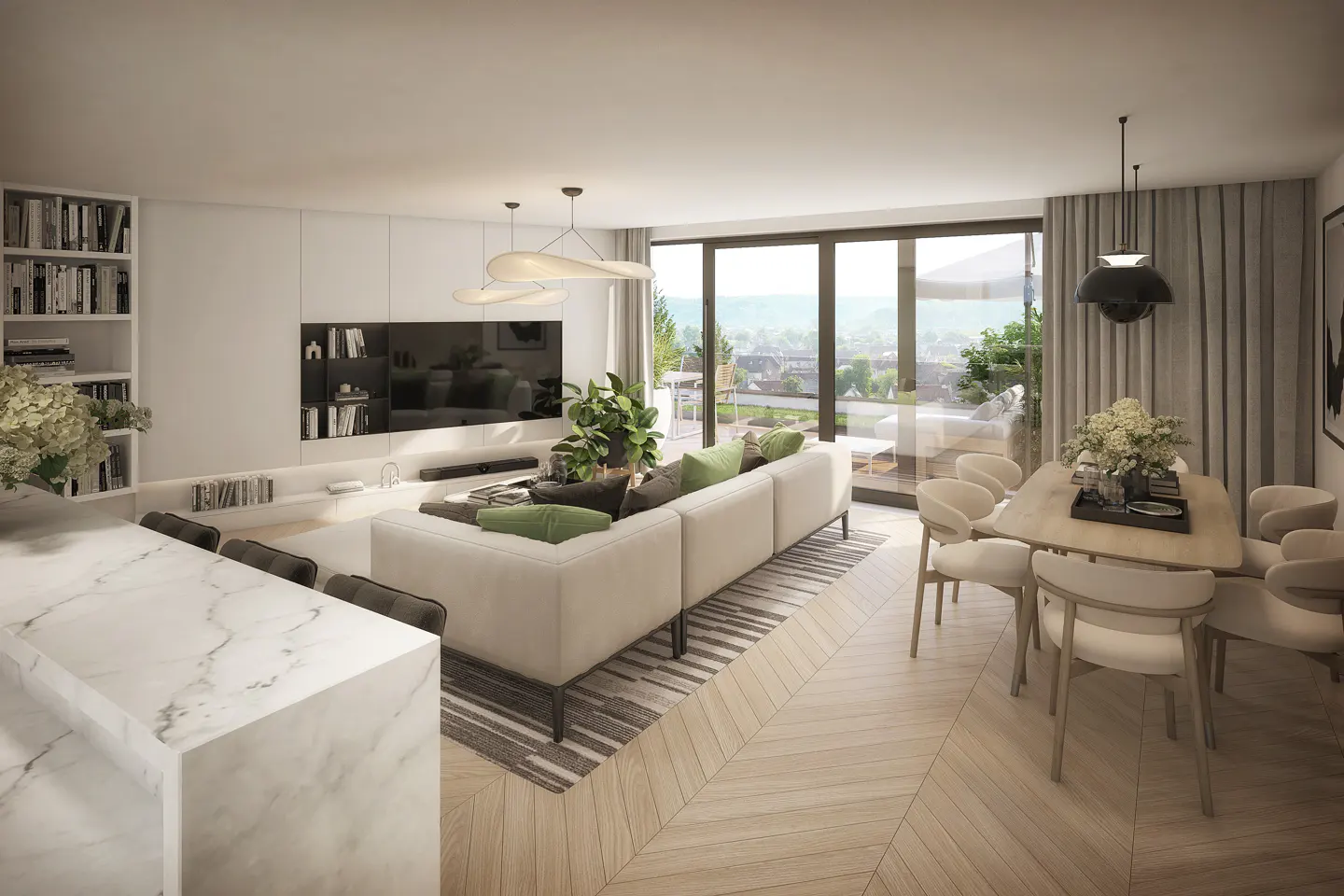 Modern open-plan living room with white sofa, marble kitchen island, dining area, and large windows overlooking a balcony.