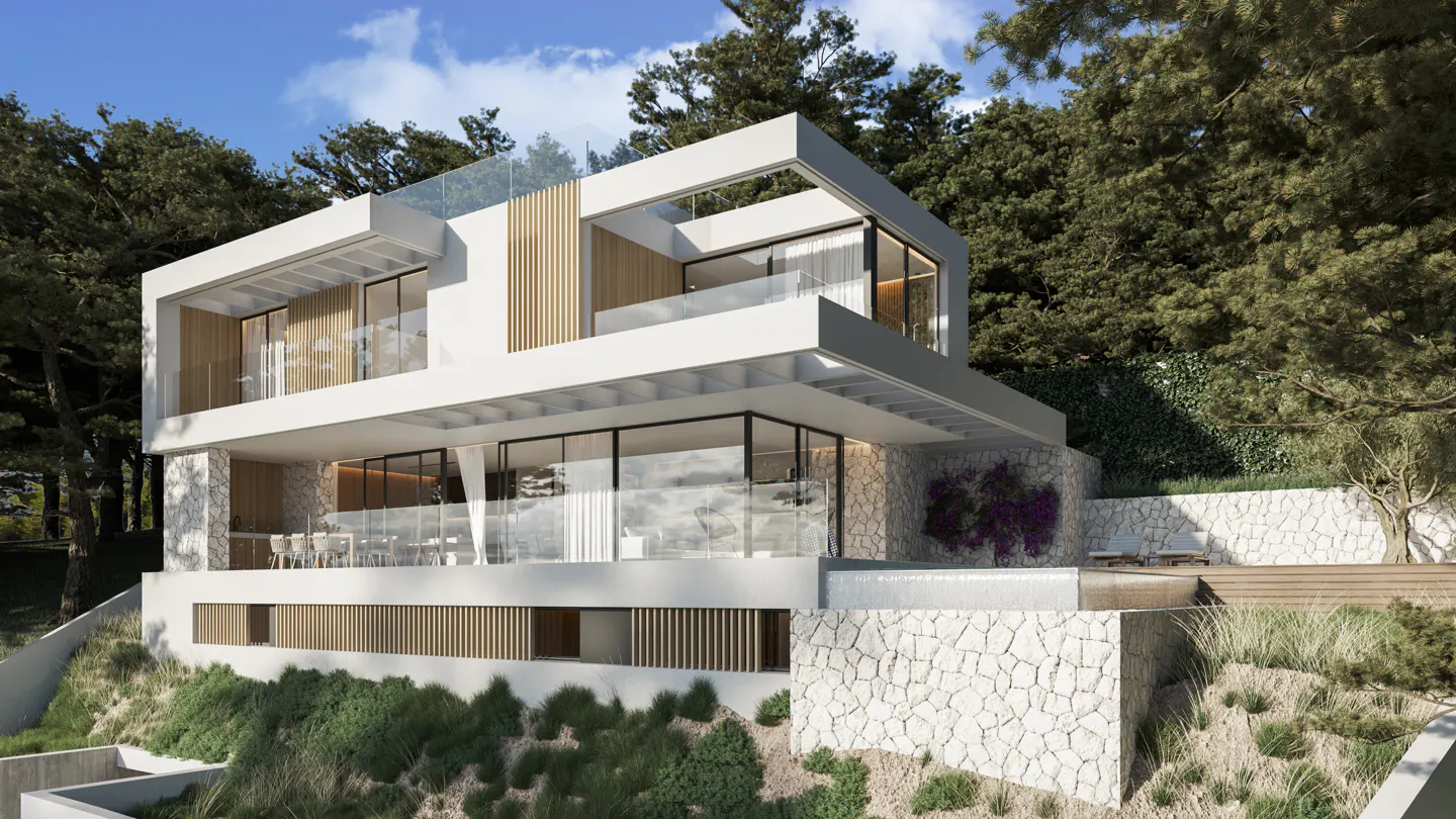 Modern white luxury villa with glass walls, stone accents, and a pool, nestled in a lush, wooded hillside.