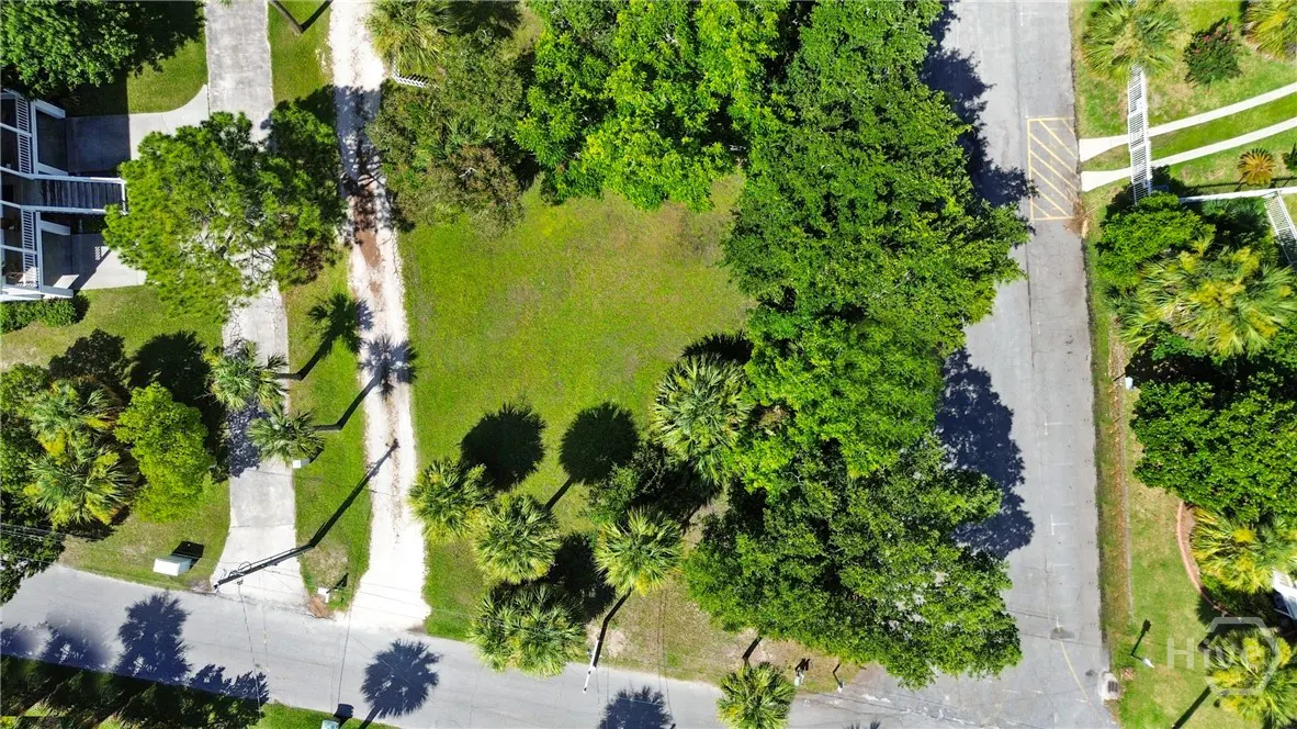 Aerial view of a grassy lot surrounded by trees, a road, and a sidewalk.