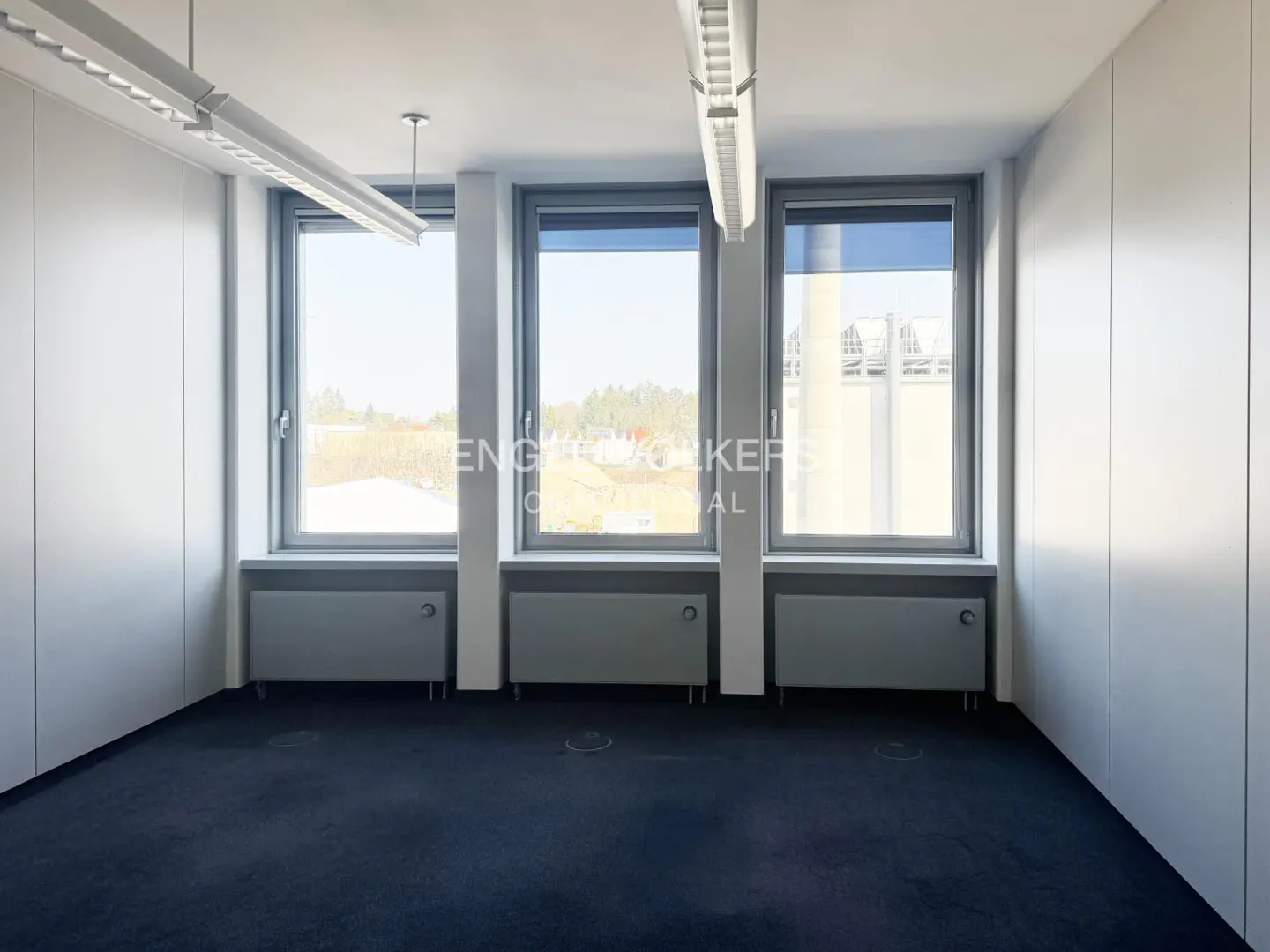 Empty office space with black carpet, white walls, and three windows. Radiators are under the windows. Overhead lighting is visible.