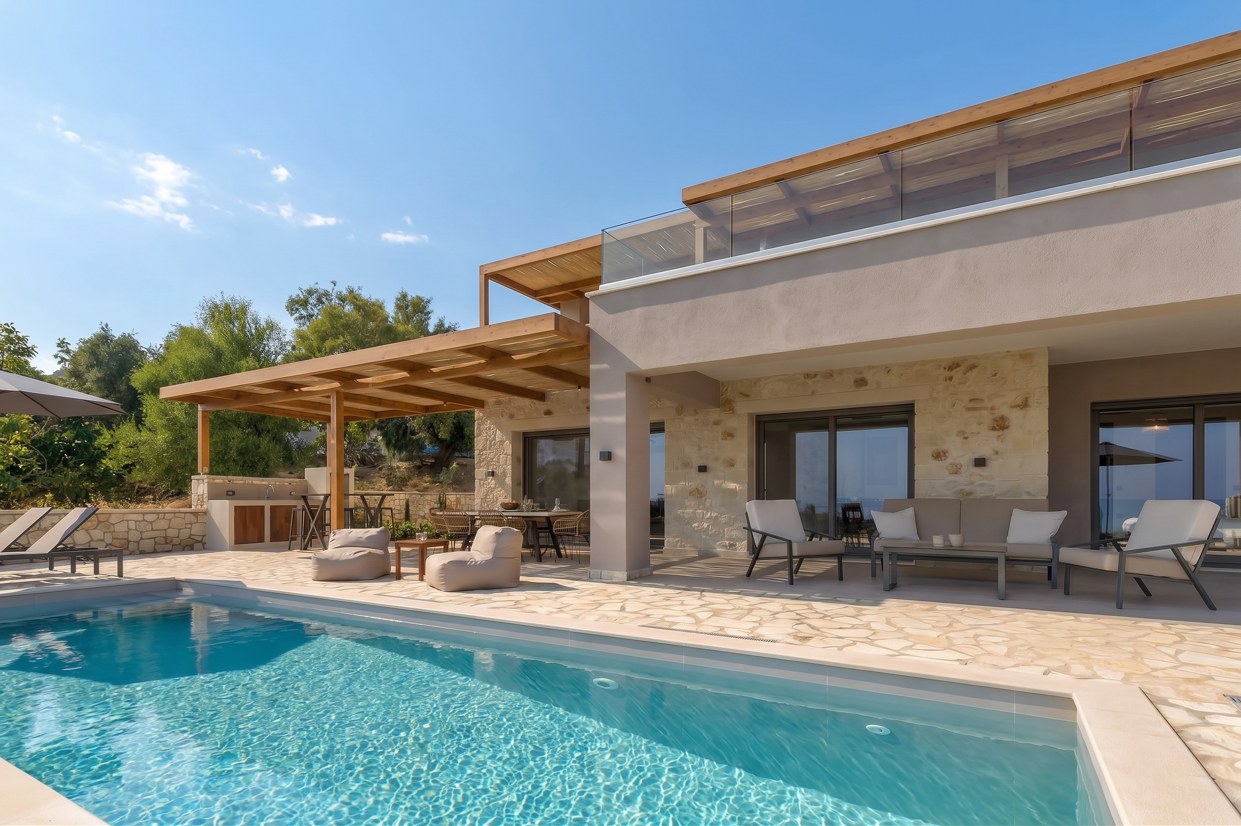 Steinvilla mit privatem Pool und Blick auf das Ionische Meer in Kanali [KI-modifiziert]