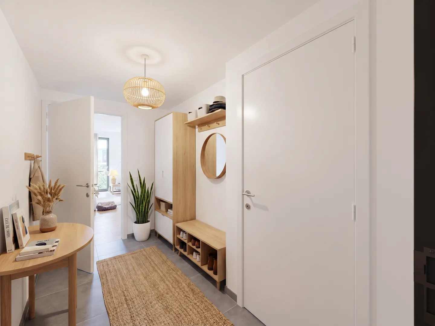 Bright entryway with a round table, woven rug, and built-in storage. A woven pendant light hangs from the ceiling.