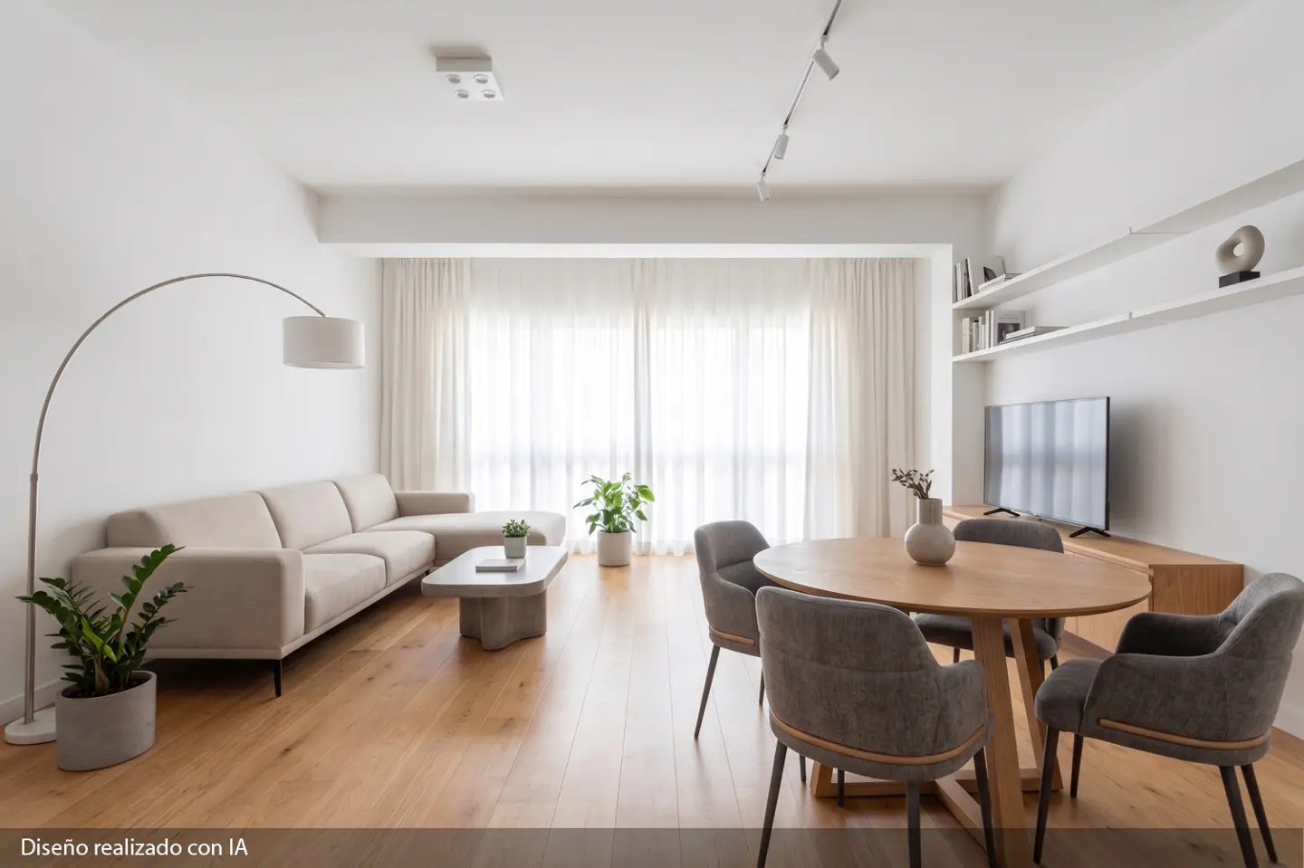 Bright living room with wood floors, beige sofa, round wood table with gray chairs, and white walls. Large window with sheer curtains.