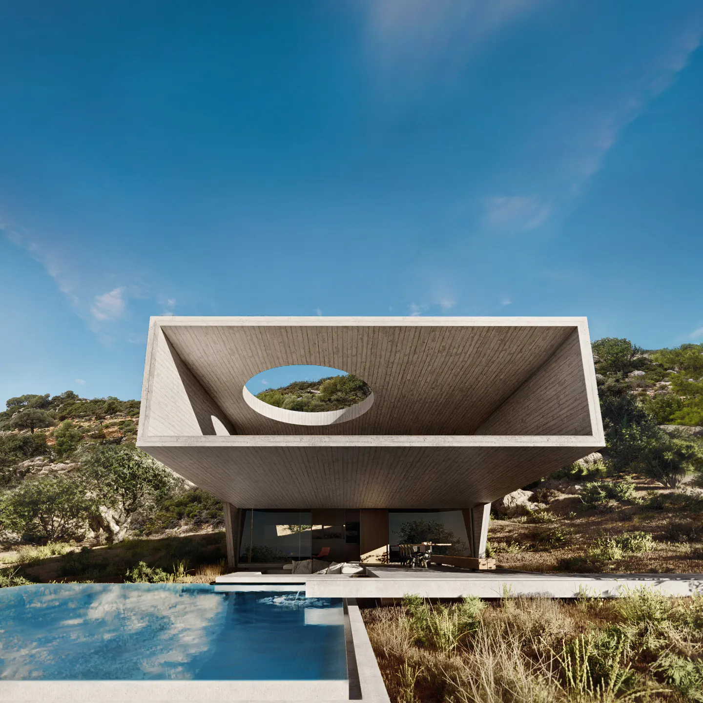 Modern concrete house with a circular opening in the roof, next to a blue swimming pool and a hillside with trees.