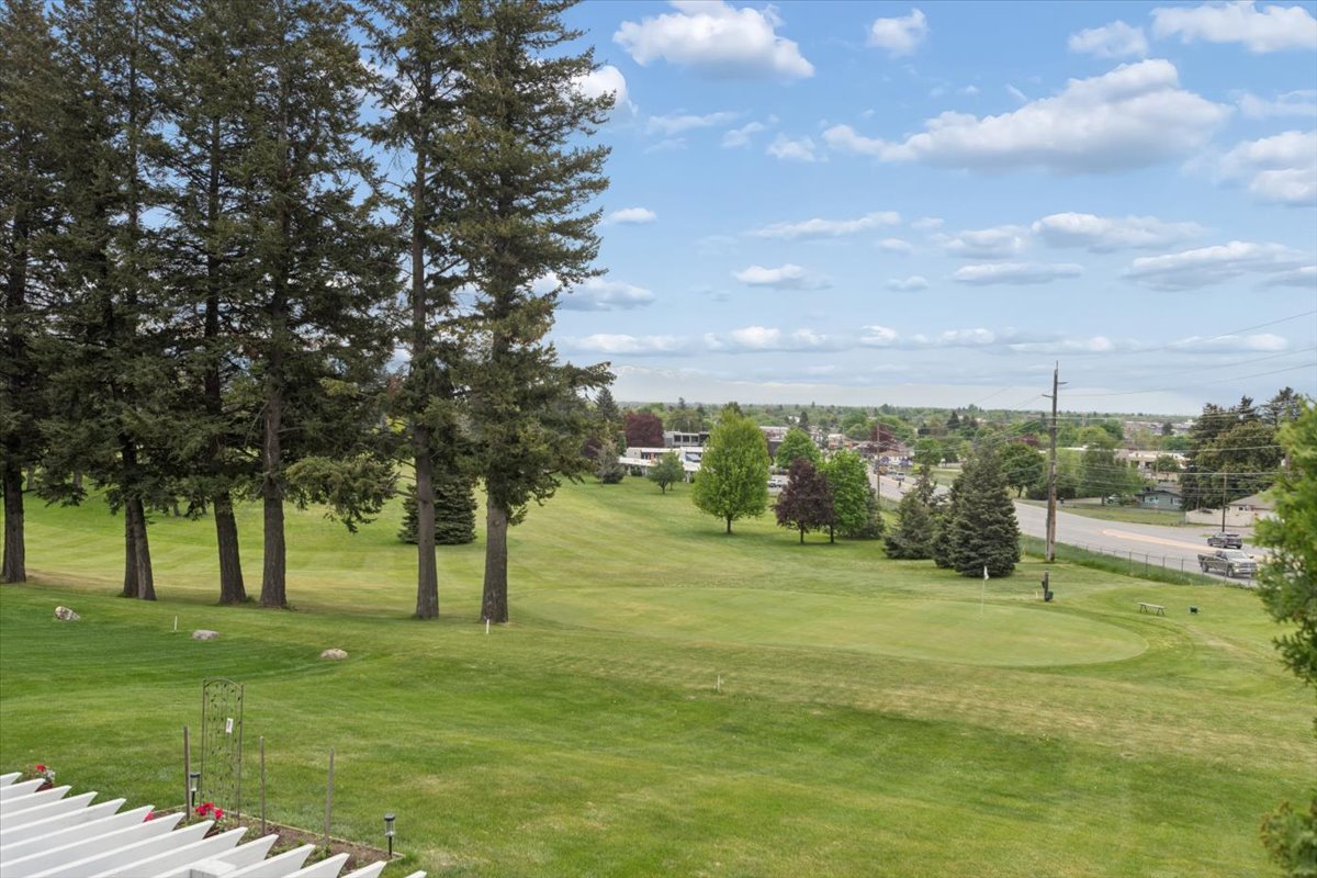 View of a green golf course with tall trees, a blue sky, and white clouds.