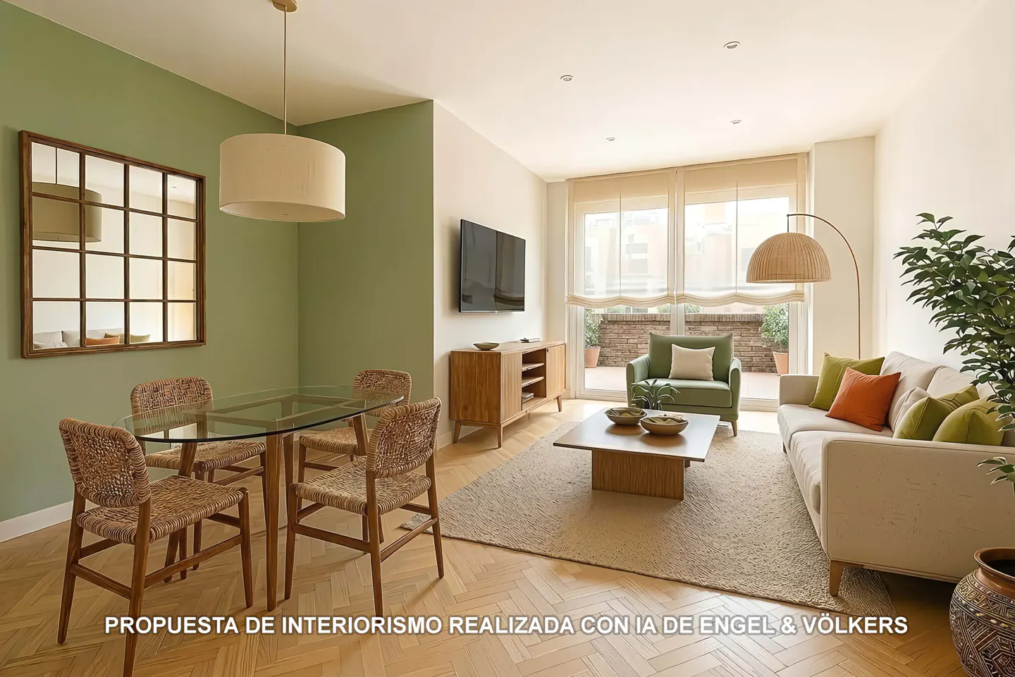 Bright living and dining area with a glass table, woven chairs, sofa, and green accent wall. A mirror hangs above the table.