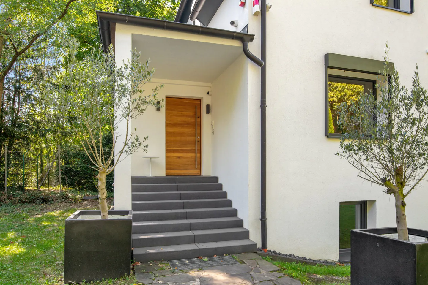 Exterior view of a modern white house with a wooden front door, gray steps, and potted olive trees.