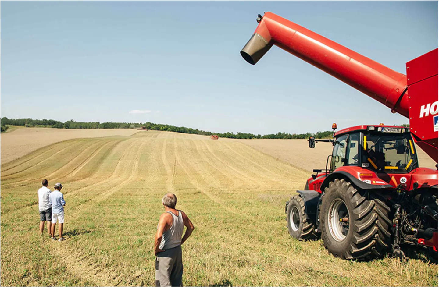Farmers observe a red tractor harvesting a golden wheat field under a clear blue sky.