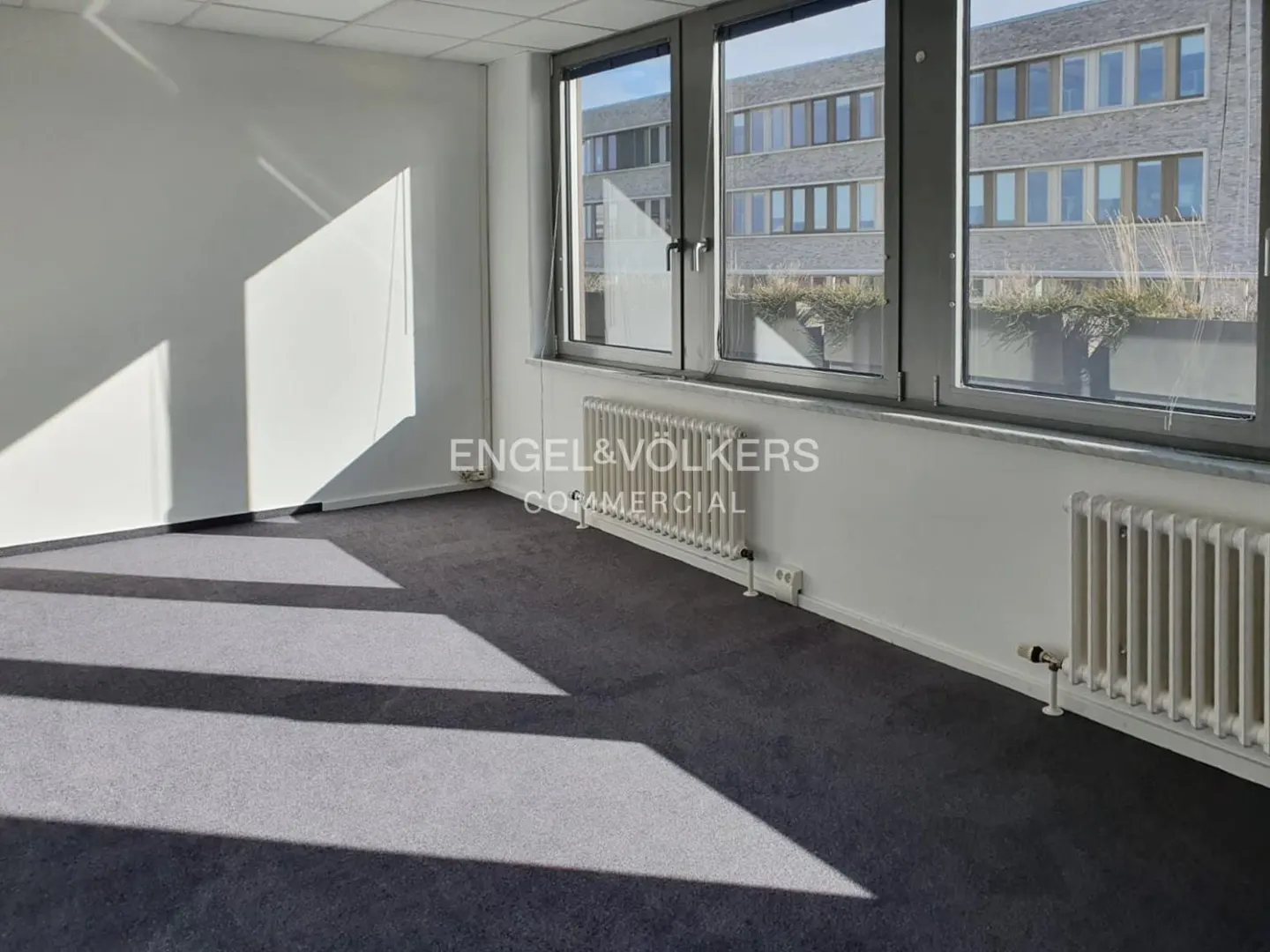Empty office space with gray carpet, white walls, and large windows showing a brick building. Radiators are under the windows. Sunlight streams in.