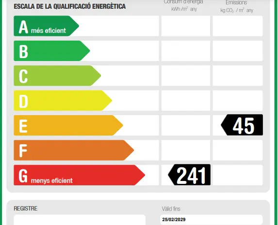 Energy efficiency rating label showing a property rated E for energy consumption and G for CO2 emissions.