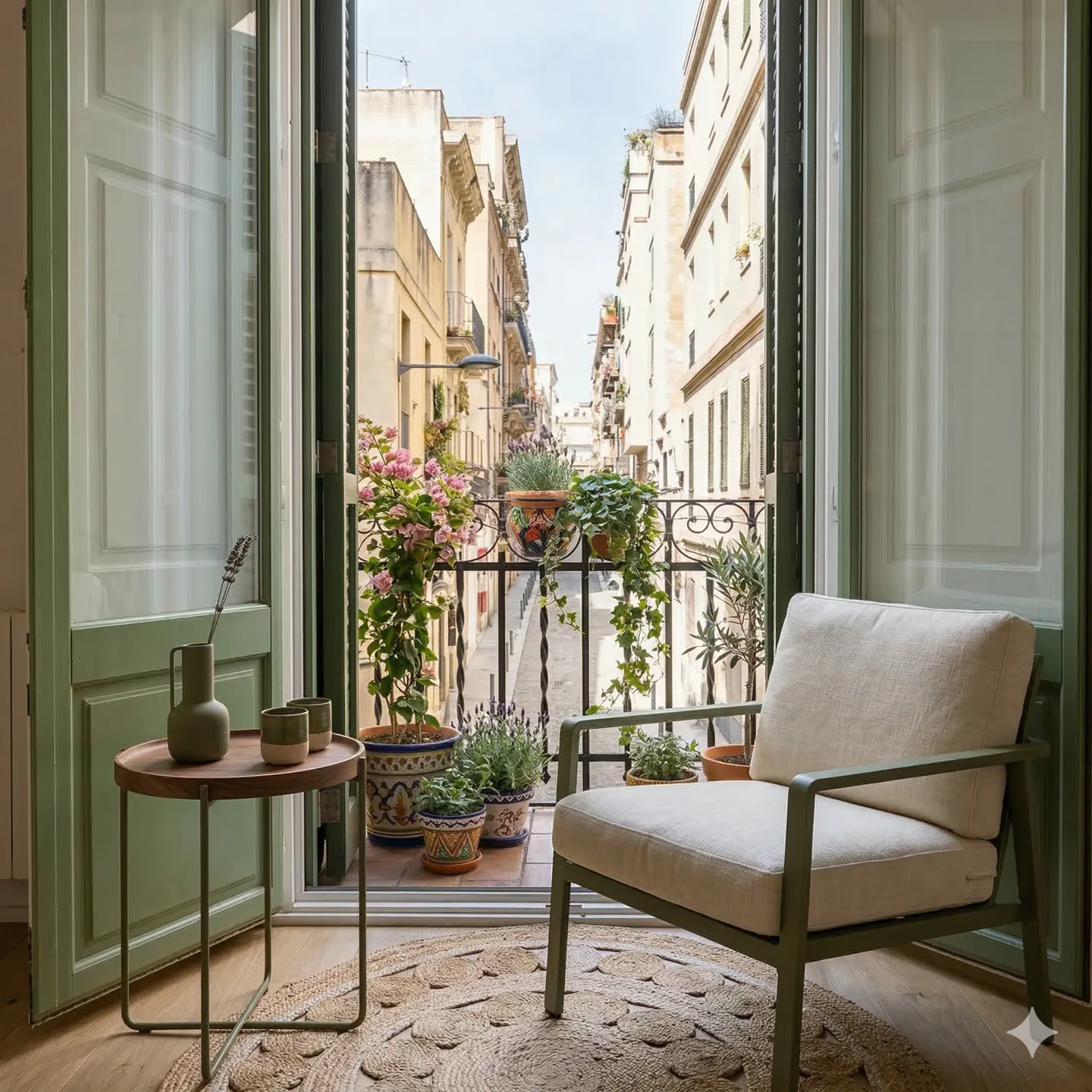 Balcony view with open green doors, chair, and table. Potted plants line the wrought iron railing overlooking a European street.