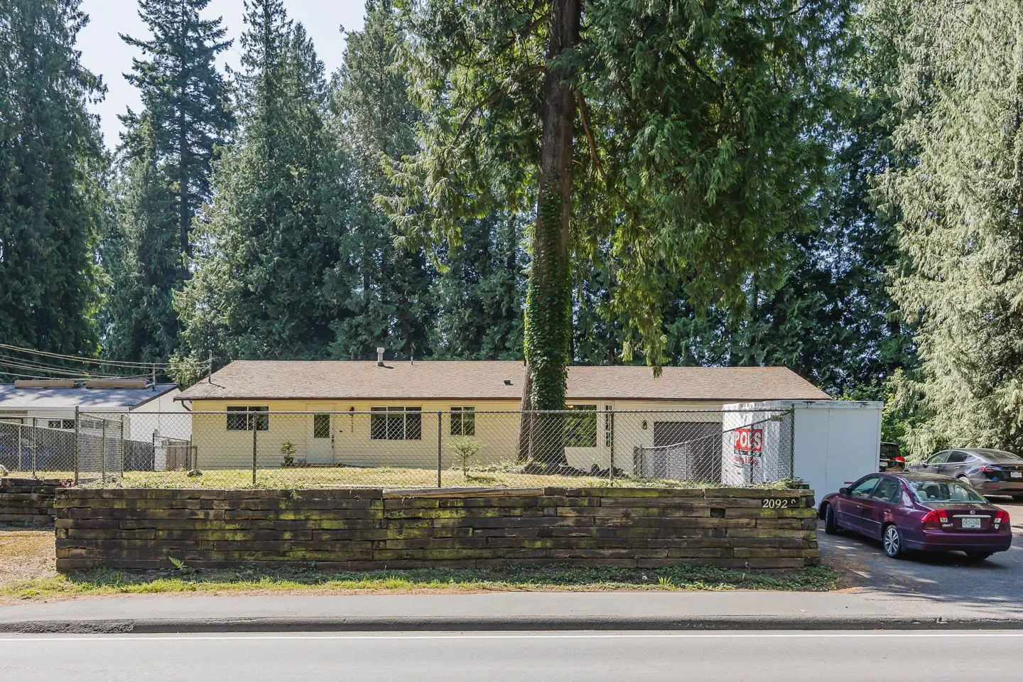 Single-story yellow house behind a wooden retaining wall and chain-link fence, surrounded by tall evergreen trees.