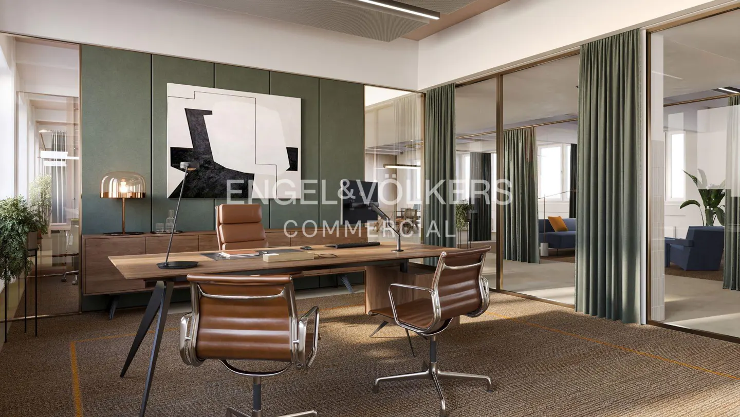 Office space with a wooden desk, brown leather chairs, and a modern art piece on a green wall. Glass-walled rooms are visible.