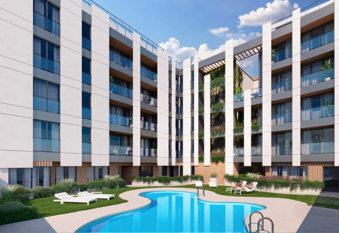 Modern apartment building with a blue pool, green grass, and white lounge chairs. Balconies are visible on the building.