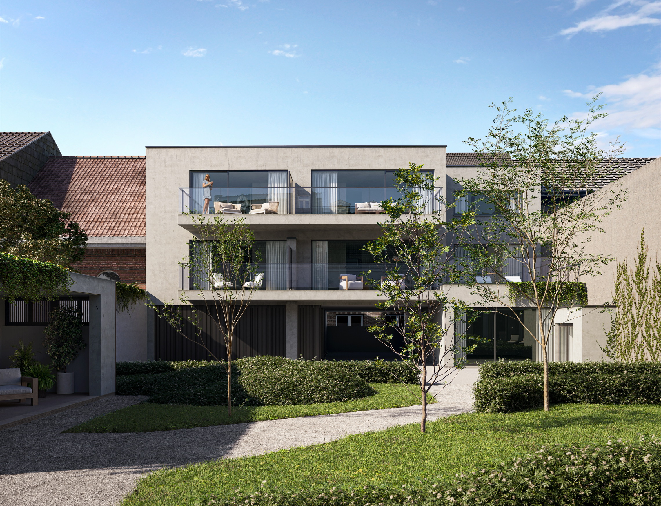 Modern three-story apartment building with balconies, glass railings, and a landscaped garden with trees and gravel paths. [AI-generated text]