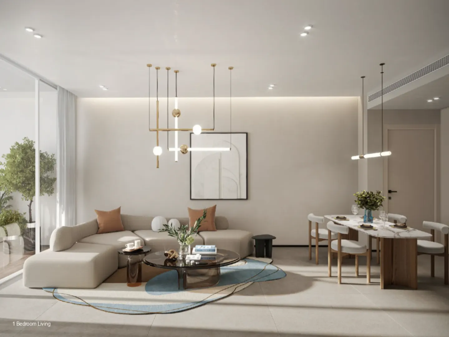 Bright, modern living and dining area with beige sectional sofa, round glass coffee table, and marble dining table with white chairs.