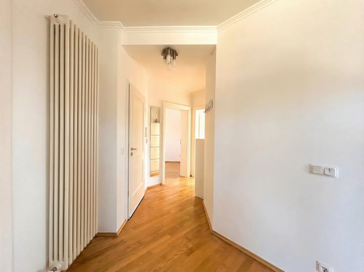 Hallway view with light wood floors, white walls, and a tall radiator. Doors lead to other rooms, with a light fixture visible in the ceiling.