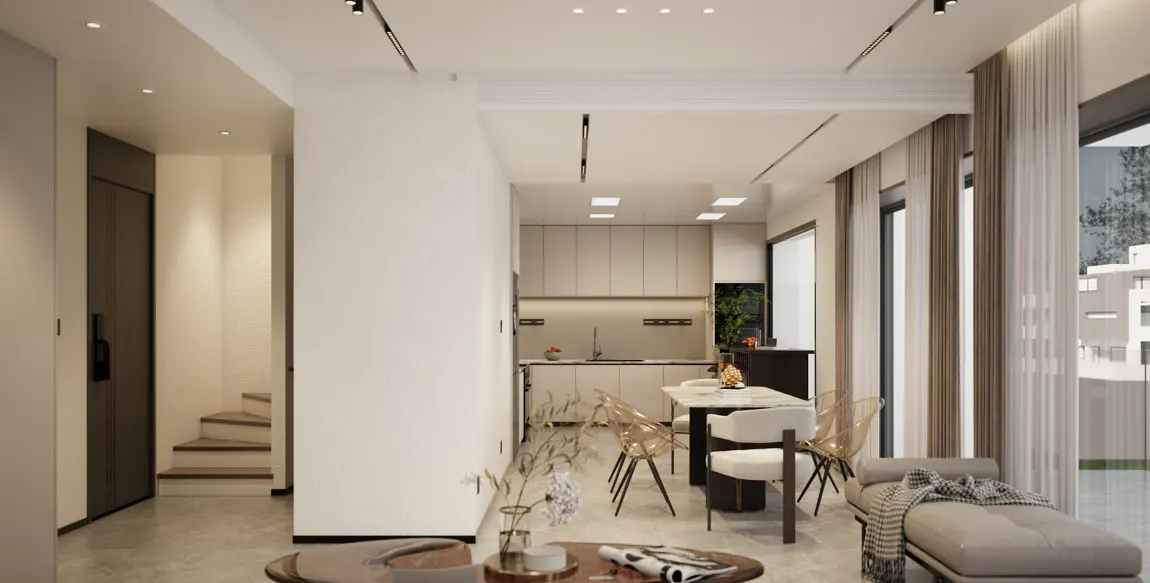 A modern, open-concept living space with a kitchen, dining area, and lounge. Neutral tones, track lighting, and sheer curtains create a bright, airy feel.