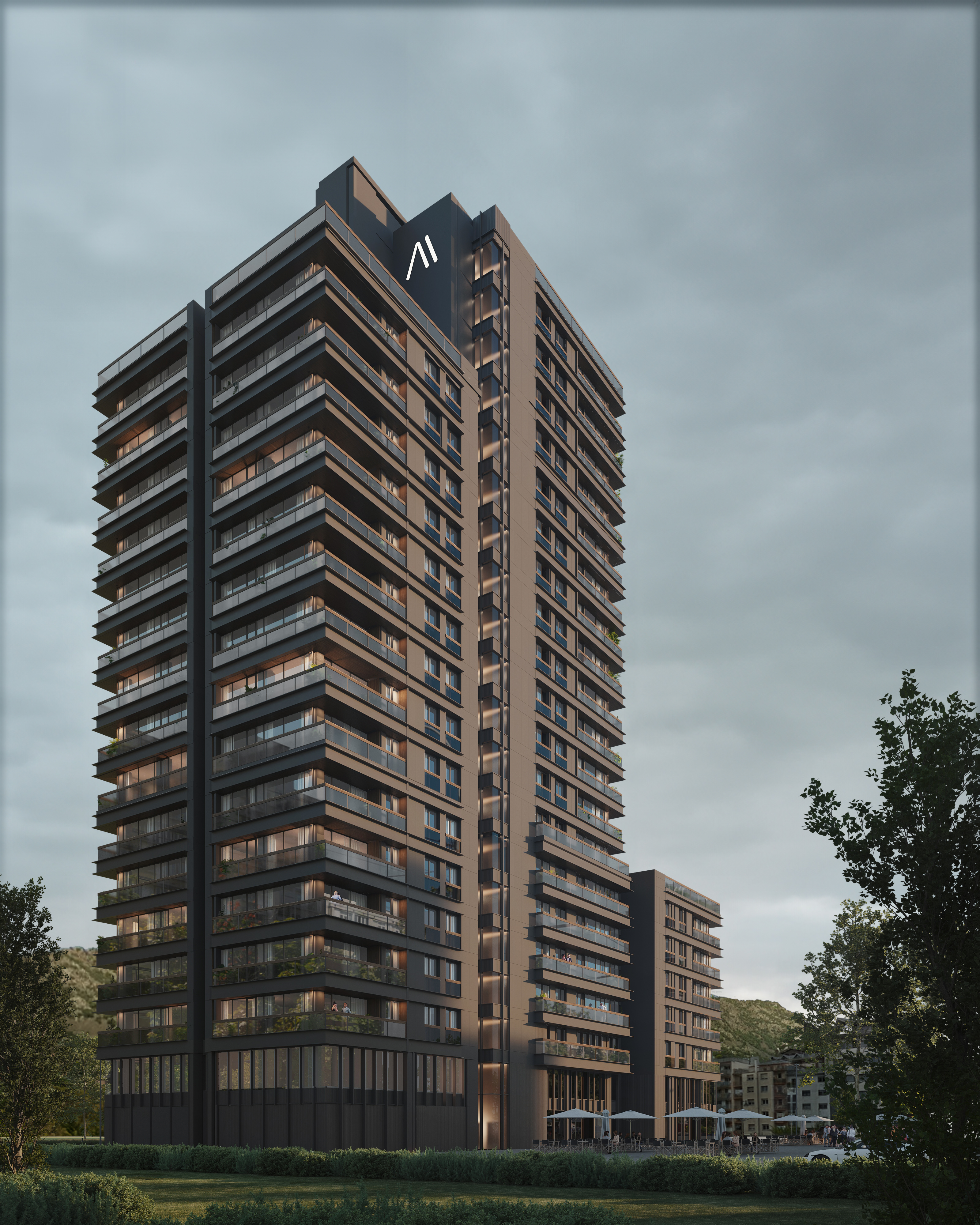Modern dark-toned high-rise apartment building with balconies under a cloudy sky, surrounded by greenery. [AI-generated text]
