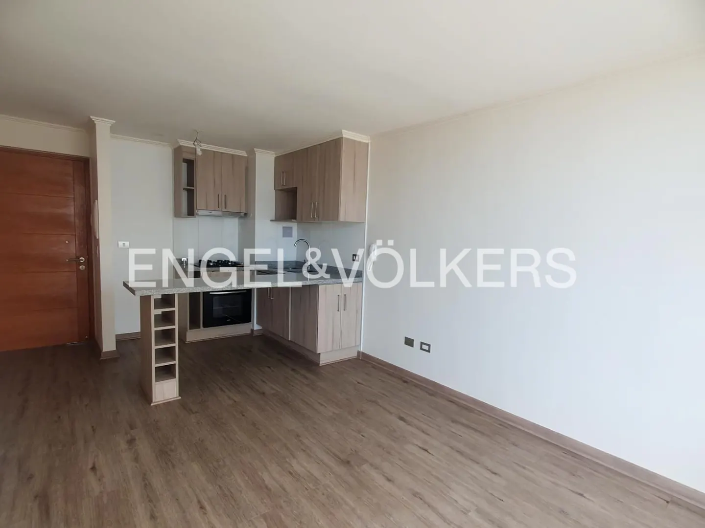 An open-concept apartment with wood floors, white walls, and a light wood kitchen with a breakfast bar.