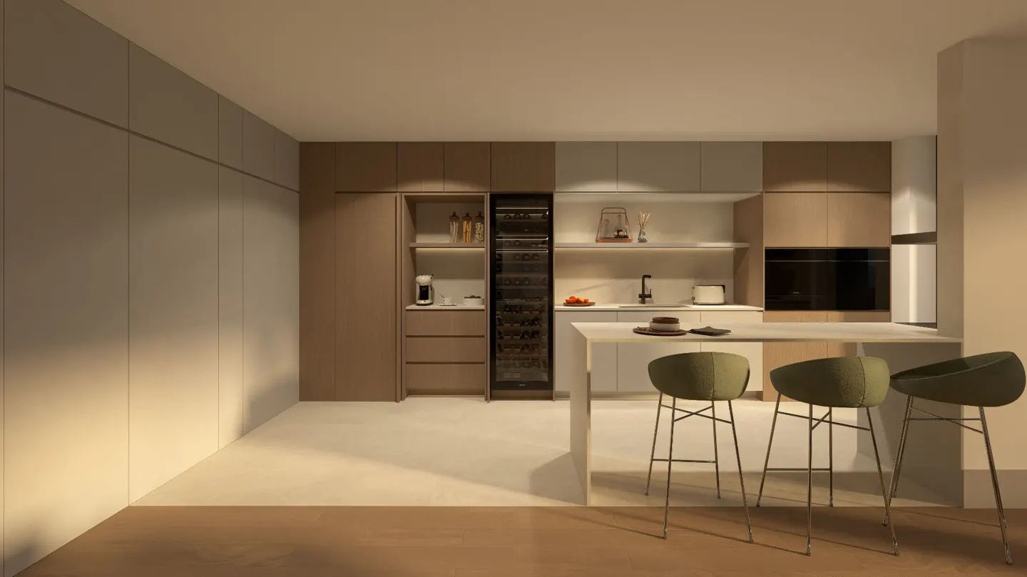 Modern kitchen with light wood cabinets, a wine fridge, and a white island with three green bar stools.