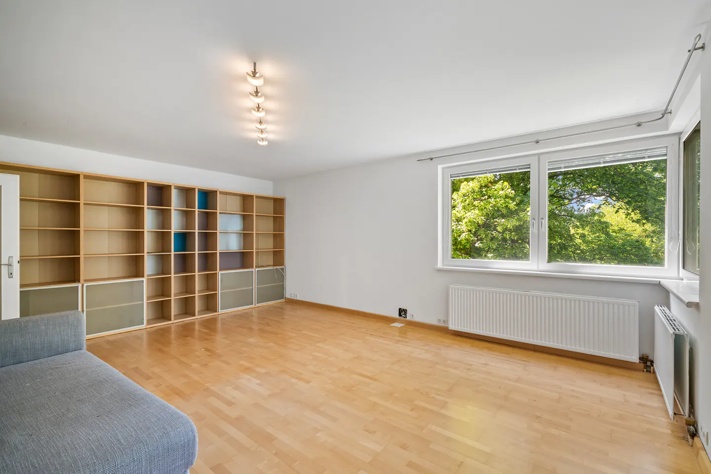 Bright room with light wood floors, a large wall-to-wall wooden bookshelf, a grey sofa, and windows overlooking green trees.