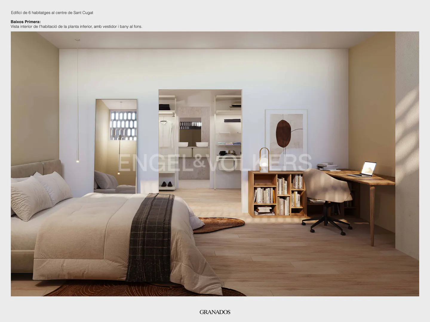 Bedroom interior with a bed, desk, chair, and bookshelf on a wood floor. A walk-in closet and bathroom are visible in the background.