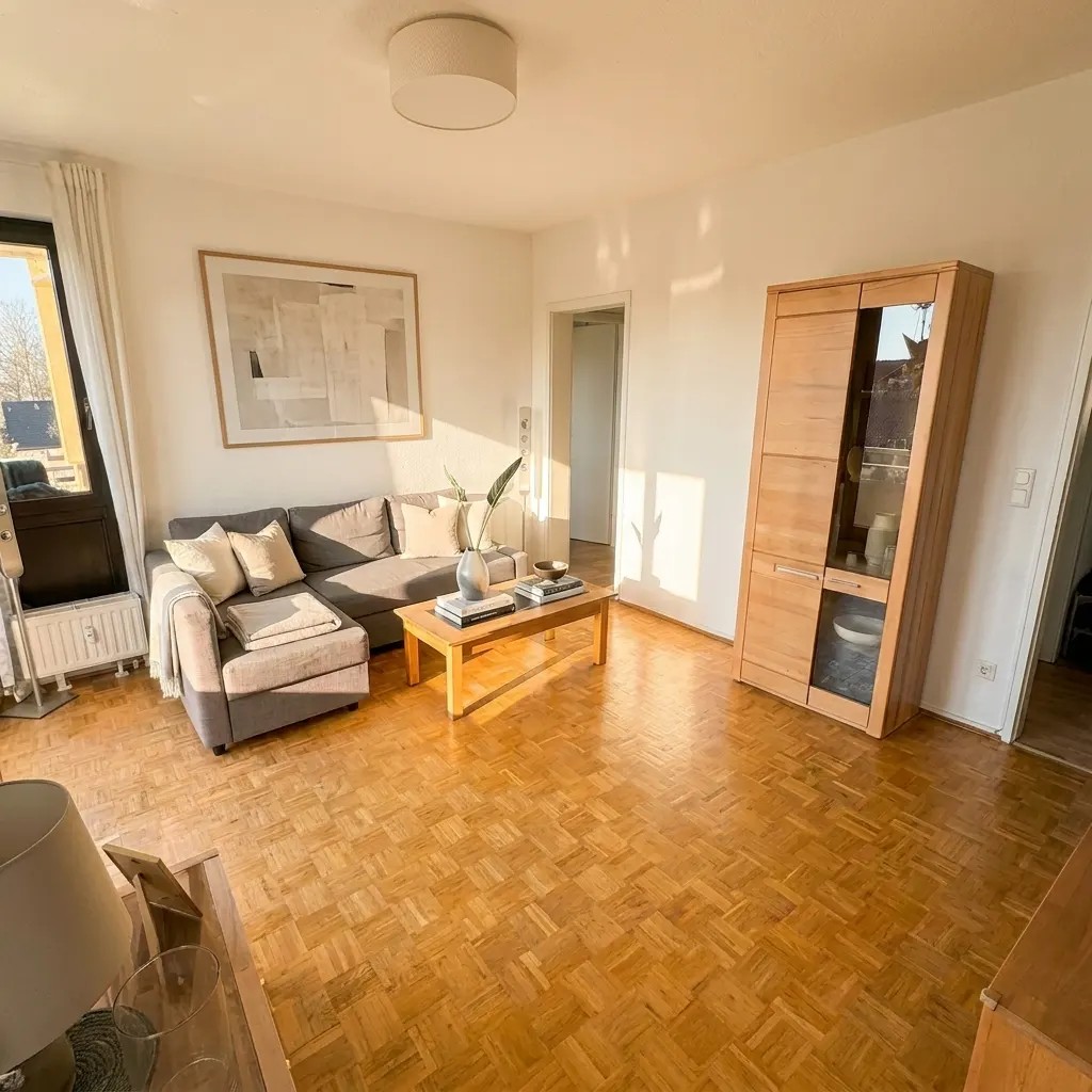 Sunlit living room with a gray sectional sofa, wood coffee table, and parquet flooring. A light wood cabinet stands against the white wall.