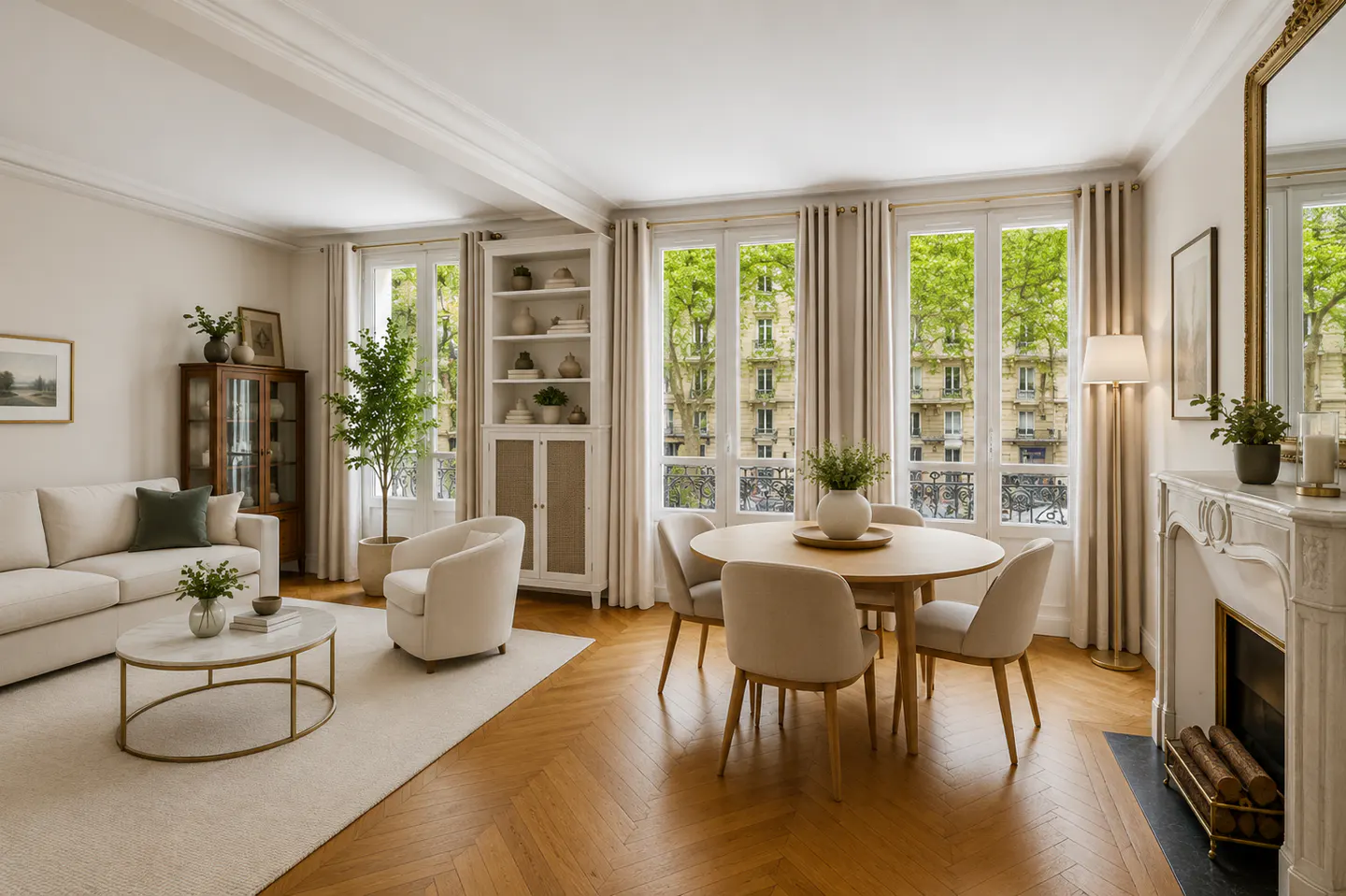 Bright living room with herringbone wood floors, a round dining table, and large windows overlooking a city street.