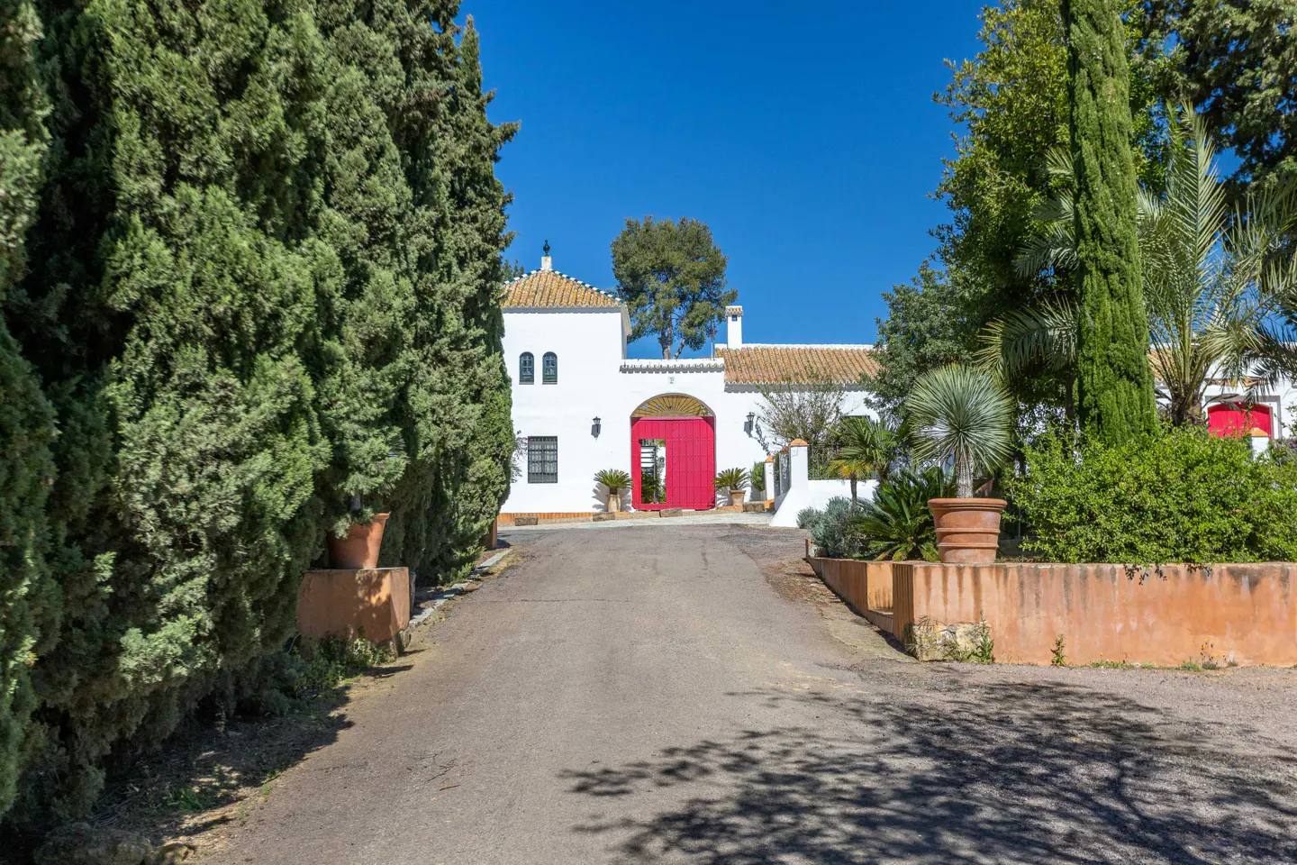 Long driveway leads to a white house with a red gate, surrounded by green trees under a clear blue sky.