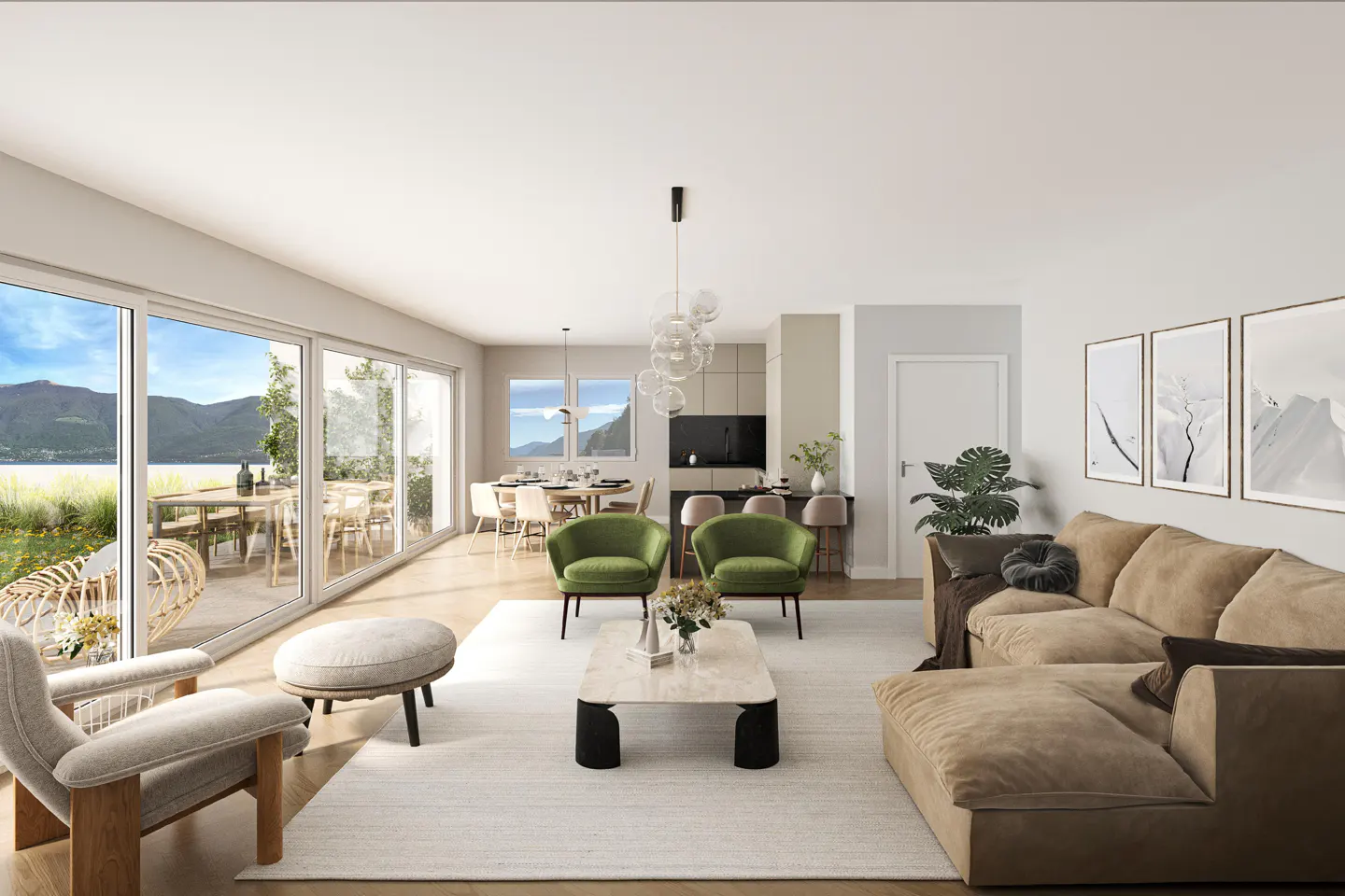 Modern open-plan living room with beige sofa, two green armchairs, marble coffee table, and scenic mountain view windows.
