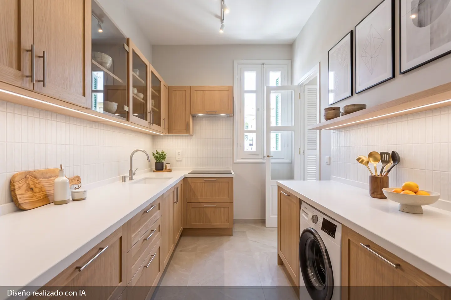 Bright kitchen with light wood cabinets, white countertops, and subway tile backsplash. A washing machine is built into the cabinetry.