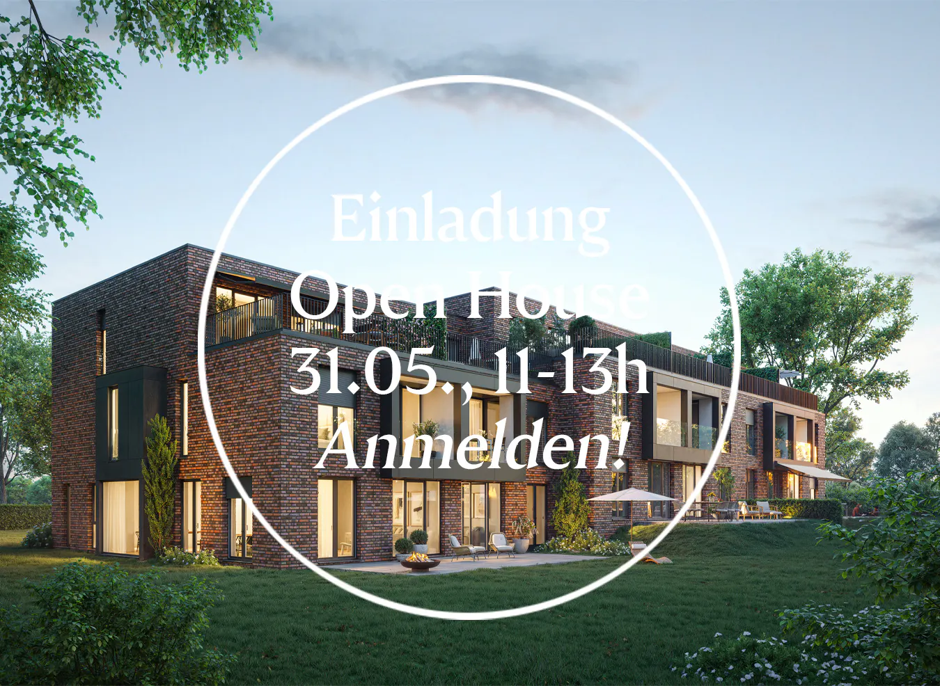 Brick house with "Einladung Open House 31.05., 11-13h Anmelden!" text overlayed in a white circle.