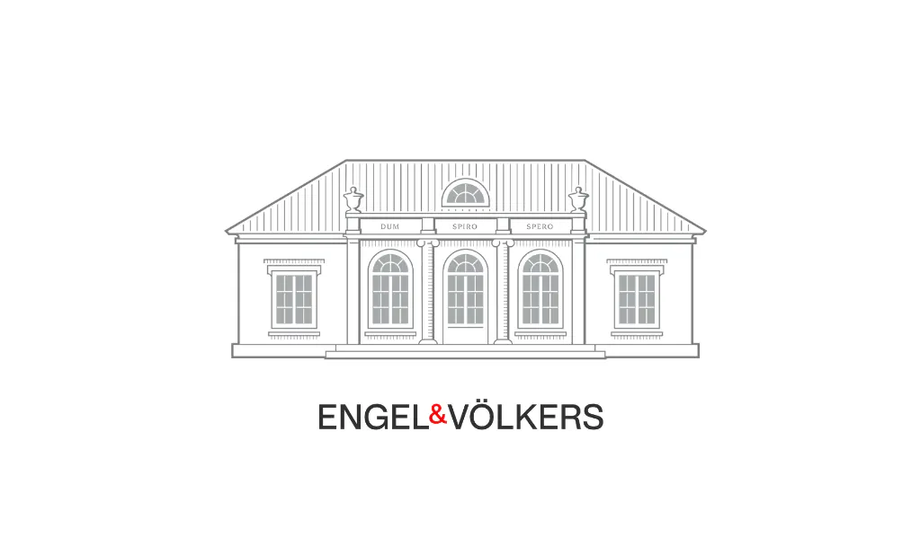 Engel & Völkers logo featuring a gray line drawing of a building with columns and windows on a white background.