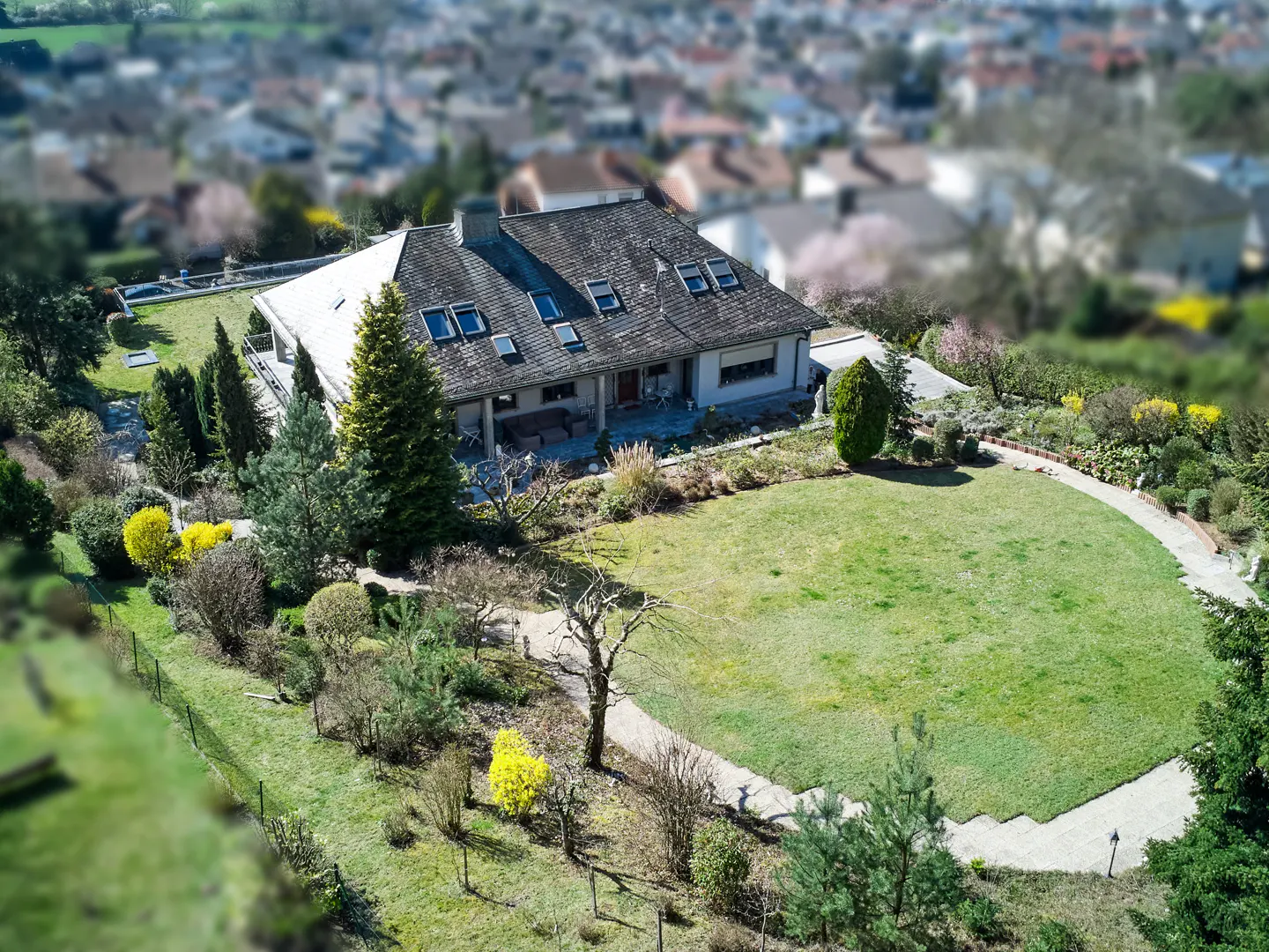 Aerial view of a house with a gray roof, dormer windows, and a large green lawn surrounded by trees and shrubs.