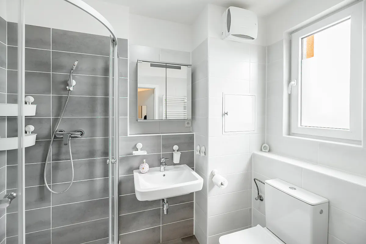 Modern bathroom with a glass-enclosed shower, white sink, mirrored cabinet, toilet, and window with grey and white tiles.