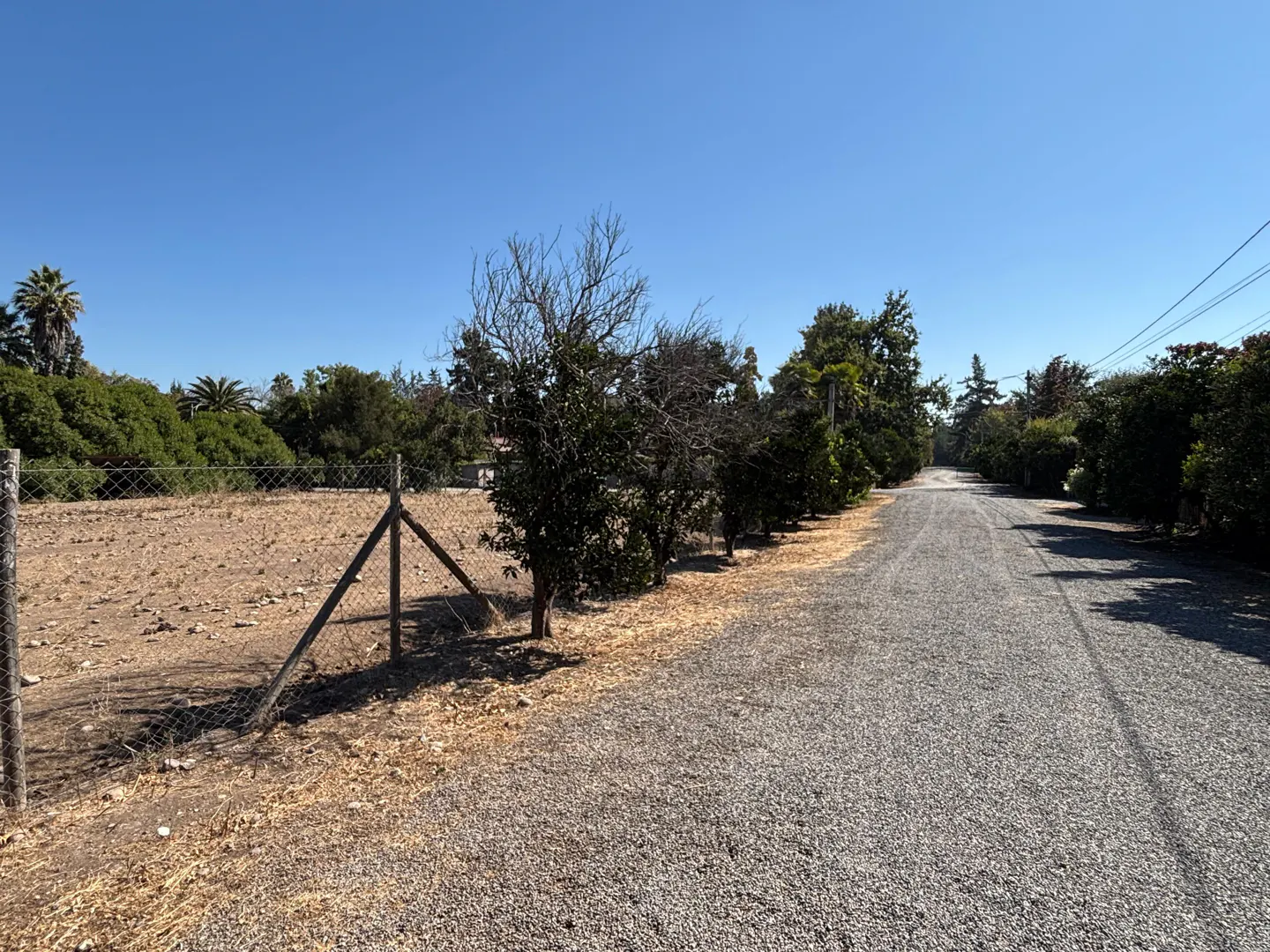 Gravel road leading to a vacant lot with a chain-link fence and trees under a clear blue sky.