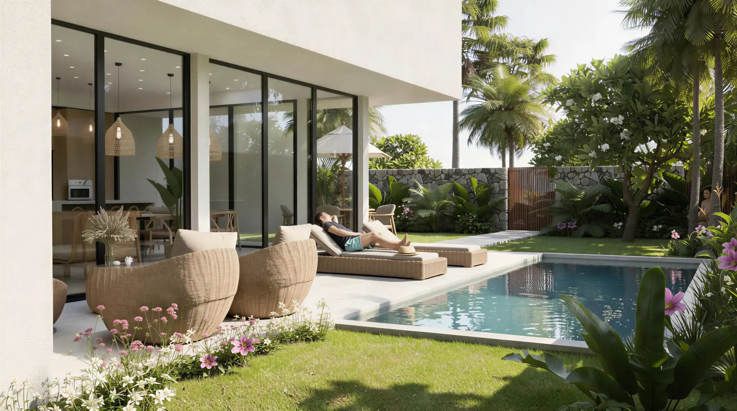 Modern home exterior with a pool, lawn, and patio furniture. A person relaxes on a lounge chair. Palm trees and tropical plants surround the property.